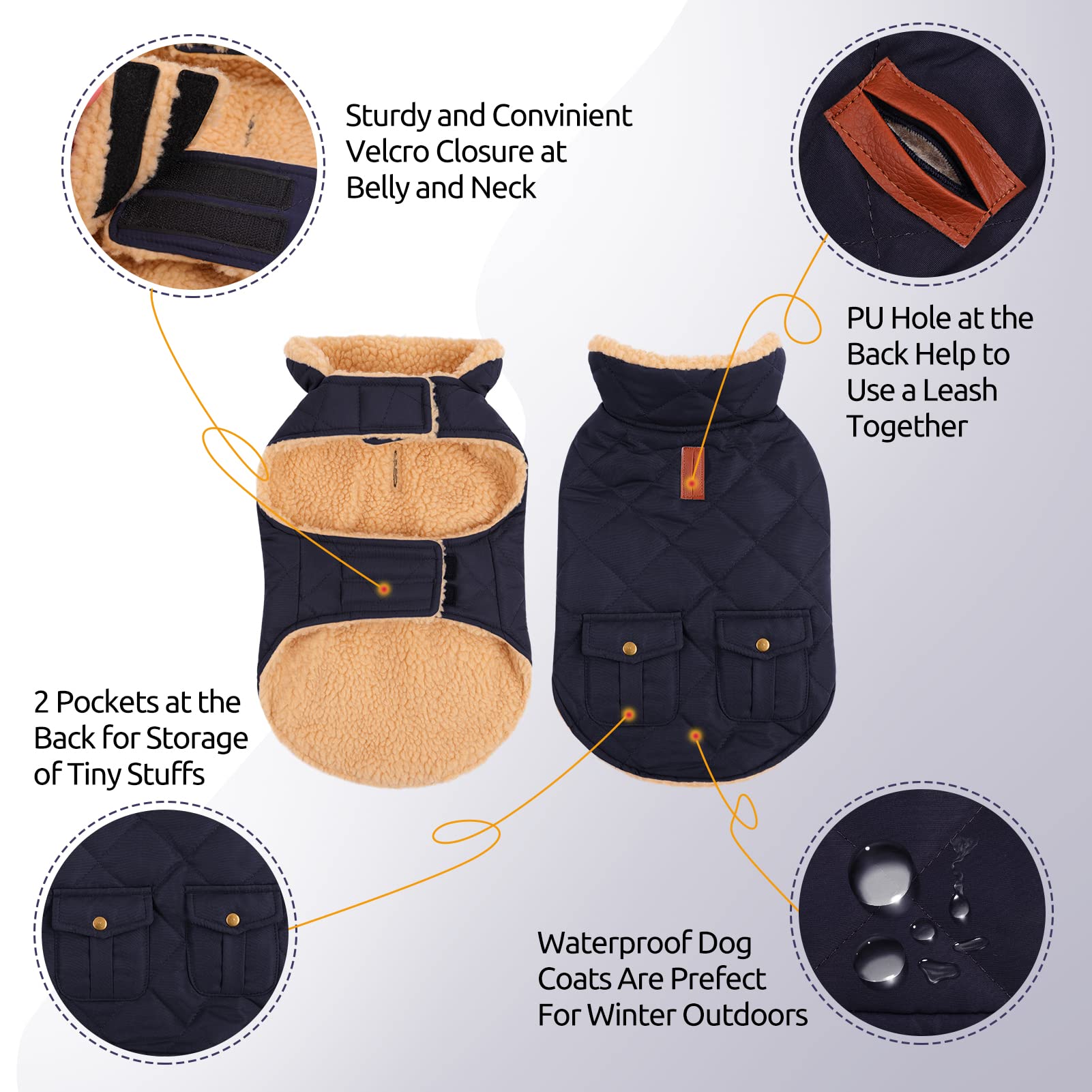 Queenmore Cold Weather Dog Coat, Winter Quilting Dog Jacket Ultra Warm Thick Plush Lining With Storage Pockets (Dark Navy, X-Small)