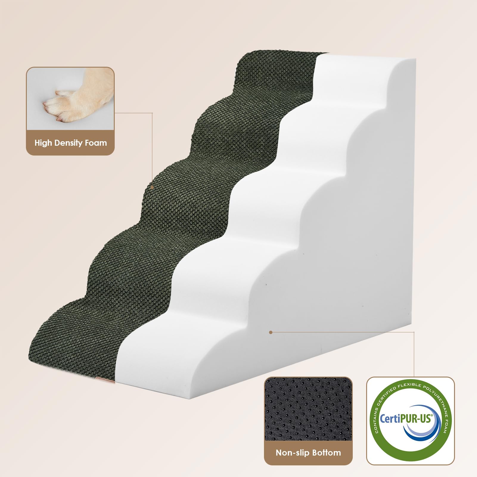 Eheyciga Curved Dog Stairs Ramp For High Beds 22.6' H, 5-Step Dog Steps For Small Dogs And Cats, Pet Stairs For High Bed Climbing, Non-Slip Balanced Pet Step Indoor, Olive Green