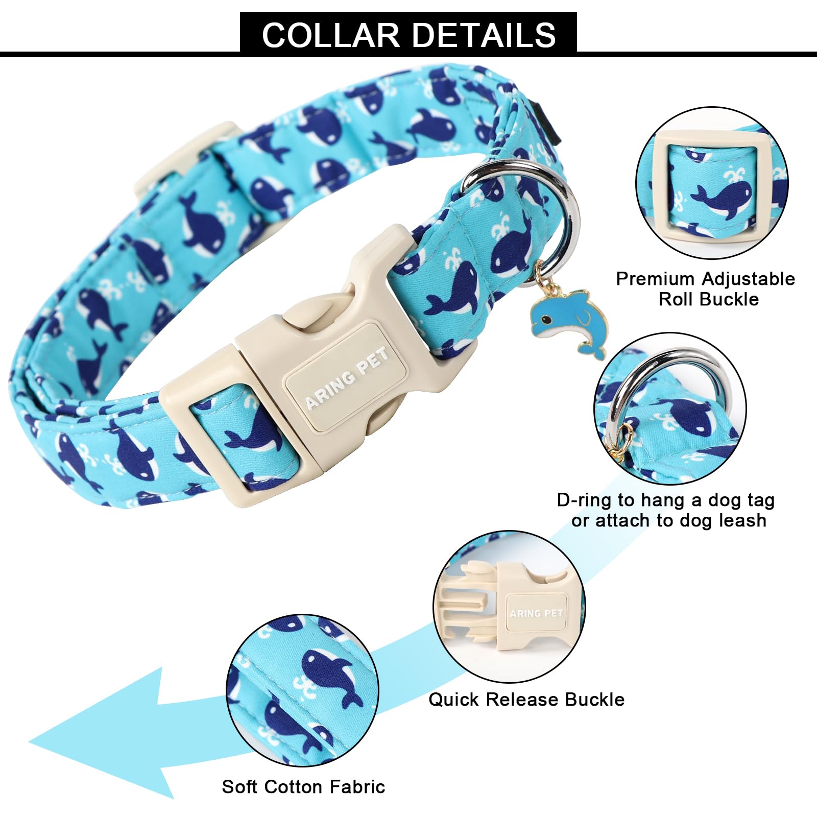 Aring Pet Summer Dog Collar-Cute Blue Dog Collar For Small Dogs, Adjustable Cotton Whales Pet Collars Puppy Collar For Small Med