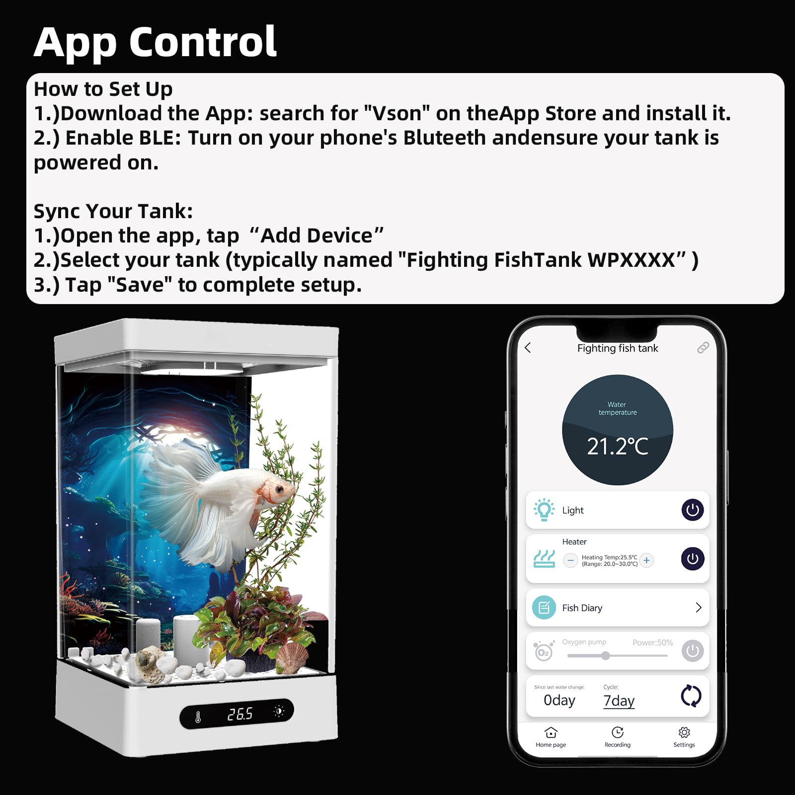 Sheawasy Betta Fish Tank with Smart Heating, Easy Water Change Valve & LED Lighting - Ideal for Home, Office & Bedrooms