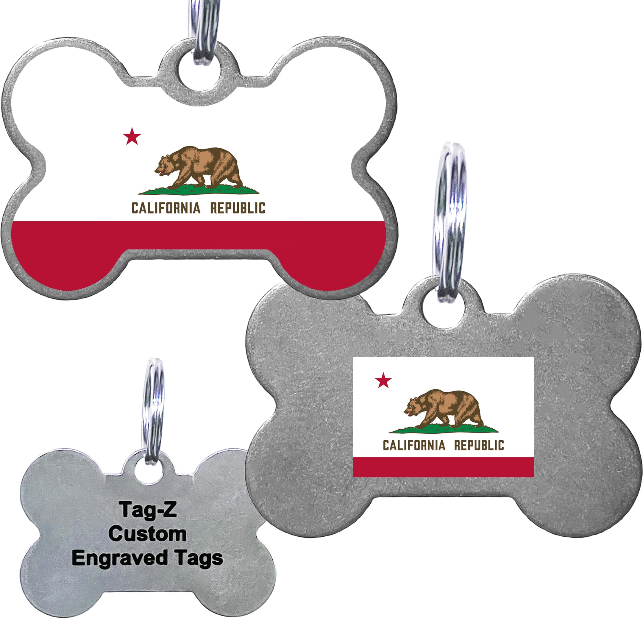 California Flag Pet Id Tags, Custom Printed And Laser Engraved Bone