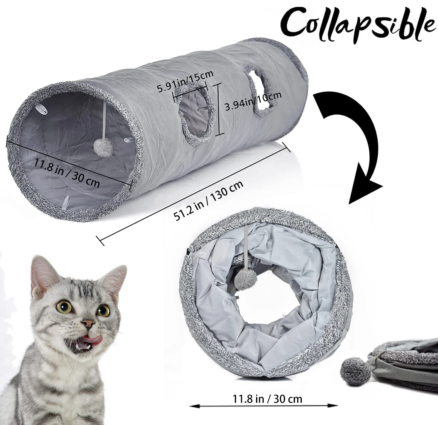 Leerking Extra Long Cat Tunnel 51'(L) Dia 12' For Large Fat Cat Crinkle Tube Connectable Indoor Outdoor Hideaway Toy For Rabbit Puppy, Grey
