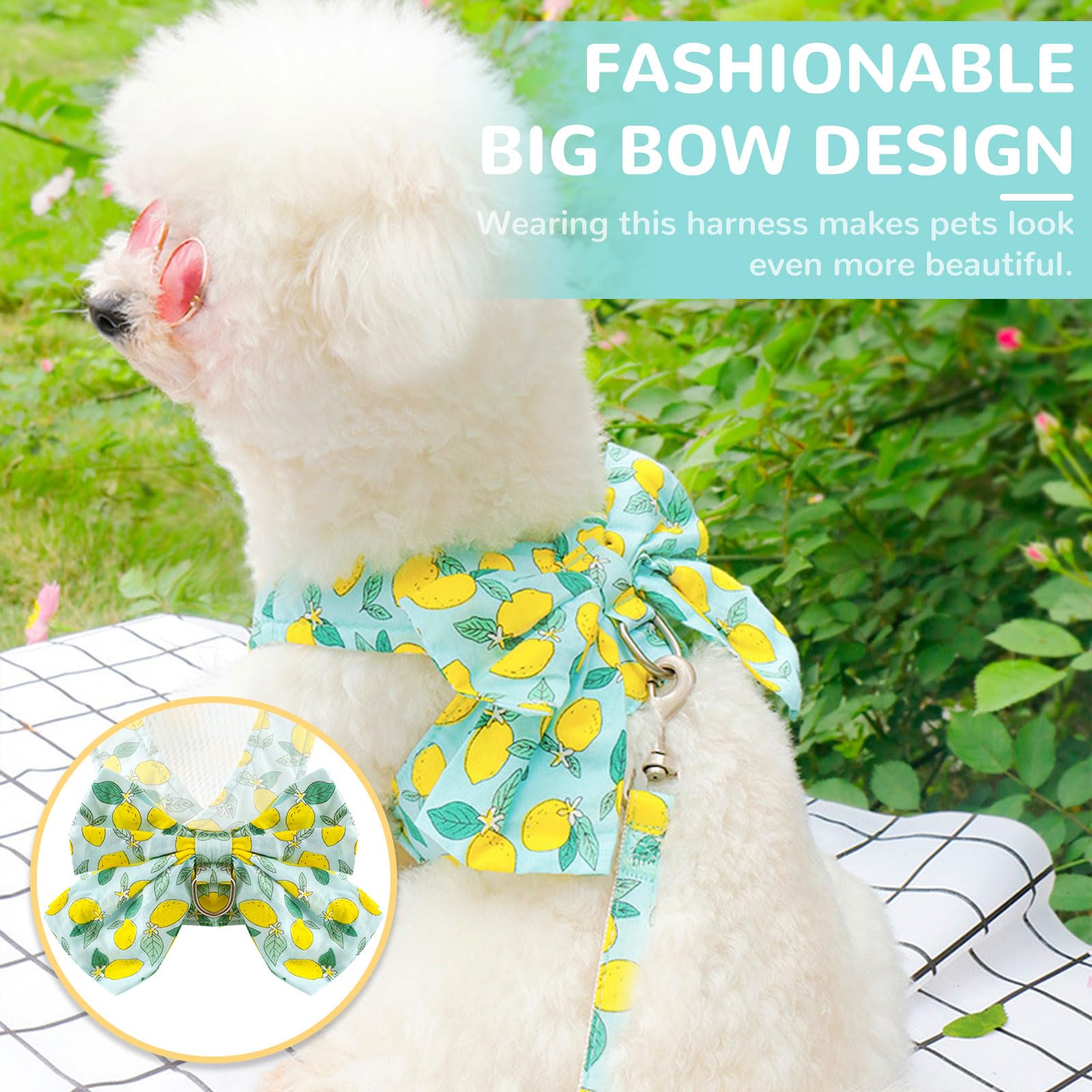 Baejmjk Dog Harness And Leash Set With Bow Knot No Pull Pet Daisy Floral Harness With D-Ring Soft Mesh Dog Harness Vest Set Esca
