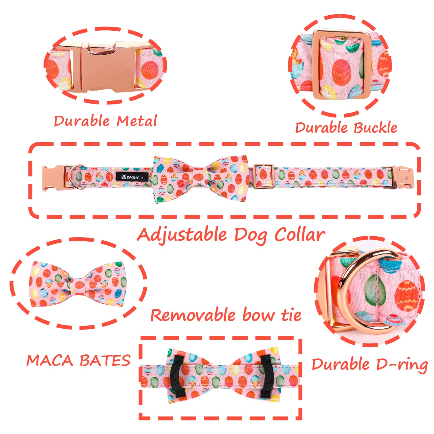 Maca Bates Easter Day Dog Collar With Bow Bowtie Easter Egg Dogs Bow Tie Collars Breakaway Soft Durable Cute Adjustable Pink Egg