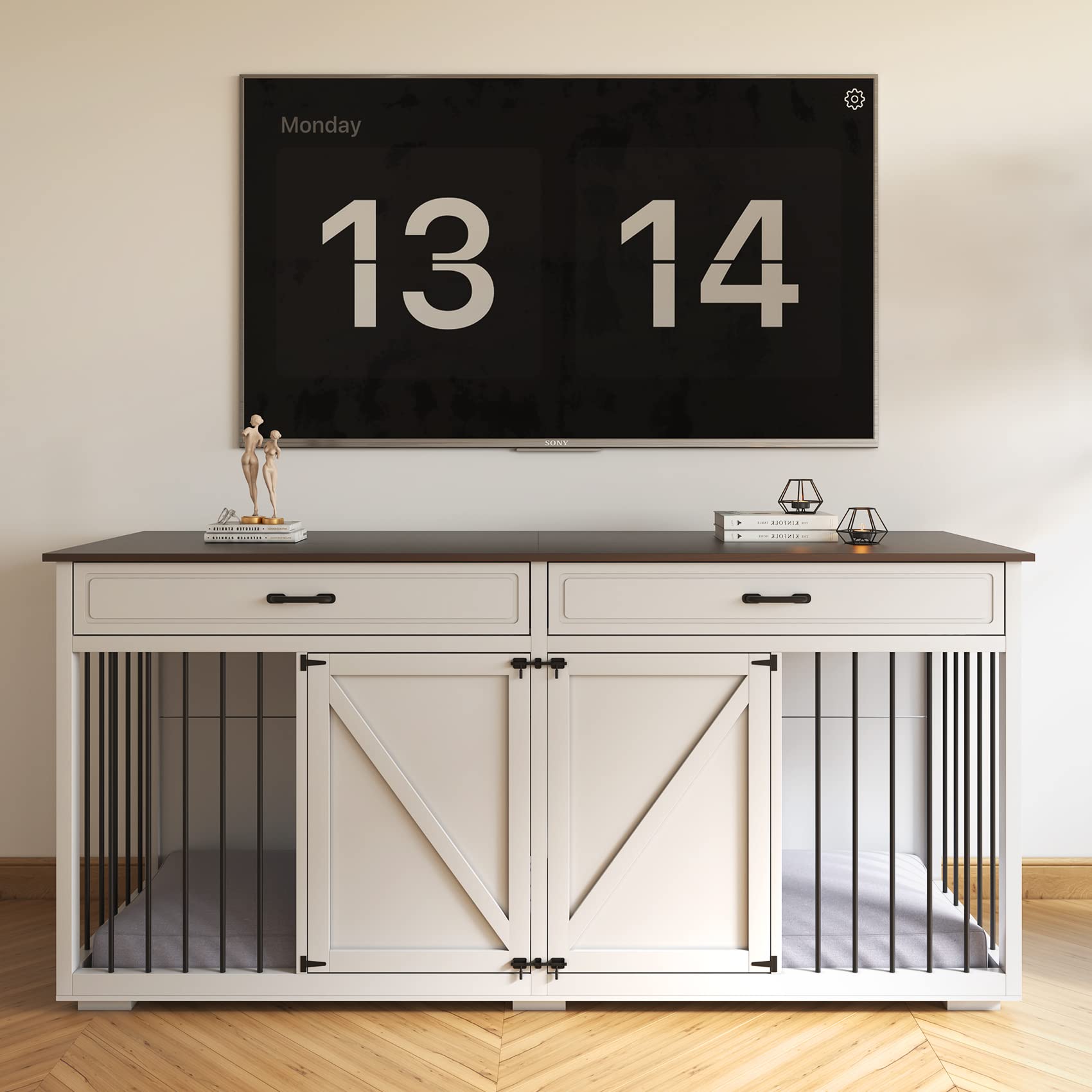 Dog Crate Furniture Indoor - Farmhouse Wooden Dog Kennel with Room Divider and 2 Drawer, Double Doors with Locks, 72   x23   x34