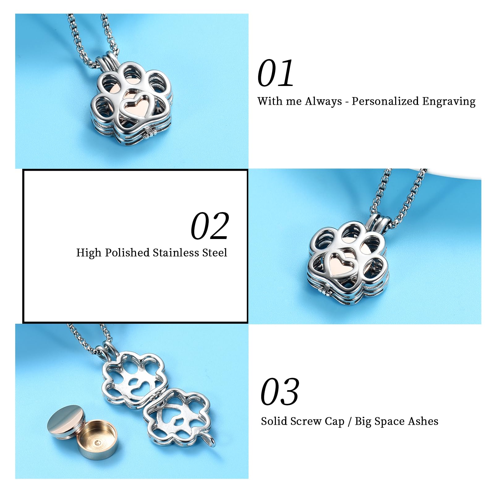 Oinsi Pet Cremation Jewelry - Stainless Steel Paw Urn Necklace, 0.78*0.86 in, Silver-Rose Gold, Model LLD016-10, Keepsake for Dog/C