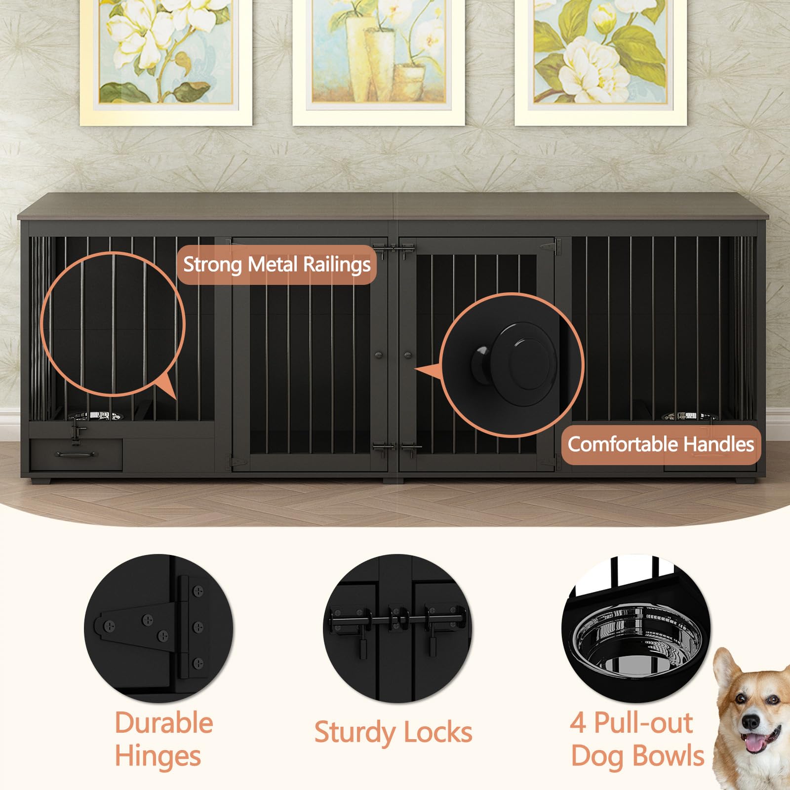 DAWNSPACES Furniture Style Large Dog Crate for 2 Dogs, 86.6  Heavy Duty Wooden Dog Kennel with Dog Bowl Drawers & Divider, Indoo