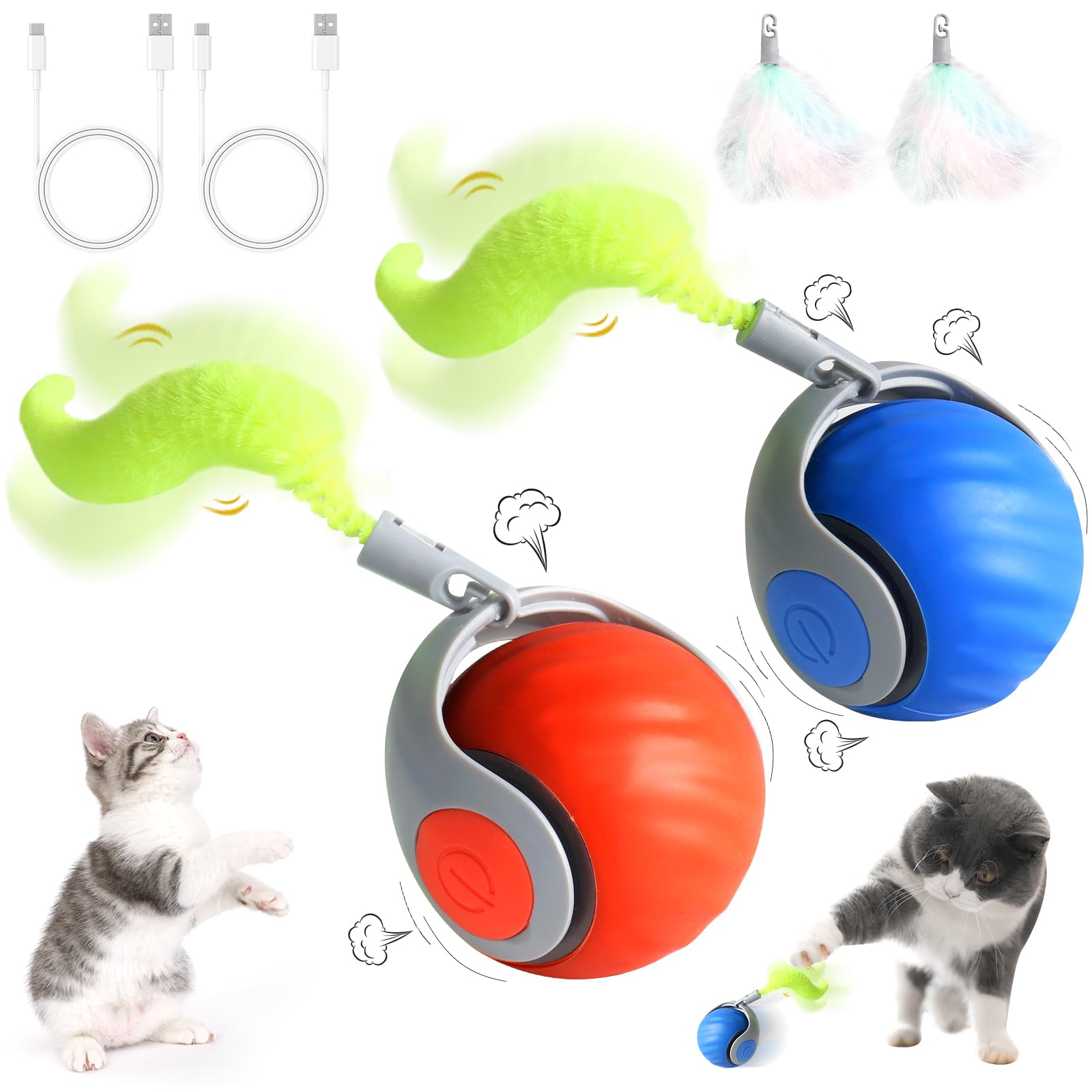 Wortade Speedy Tail 2.0, Interactive Cat Toy Ball With Spare Tail, Automatic Indoor Cat Toys, Smart Interactive Toy Ball Pair