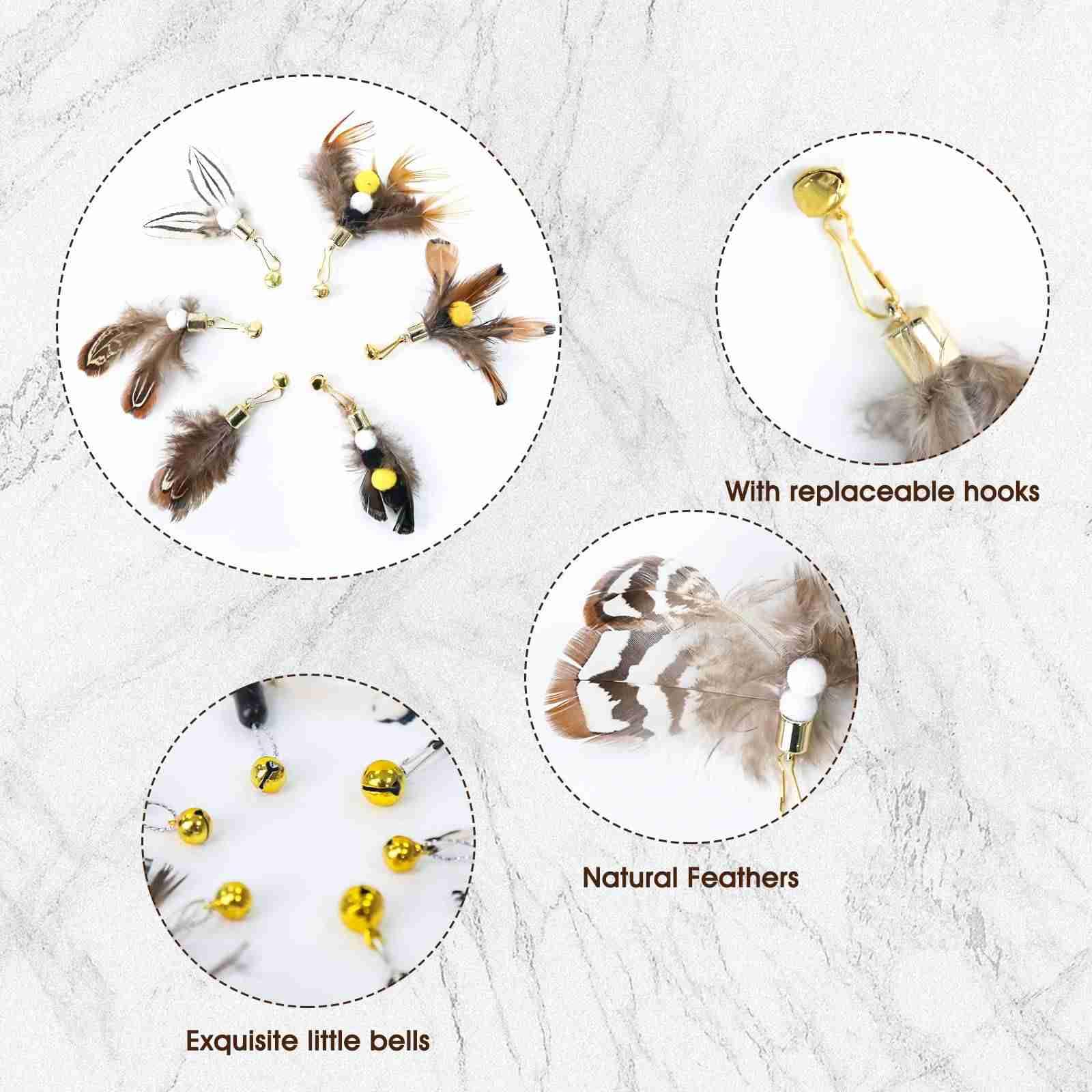 Hokoad Cat Insect Feather Toys - Cat Wand And 6 Natural Insect Feathers Refill, Interactive Teaser With Bell