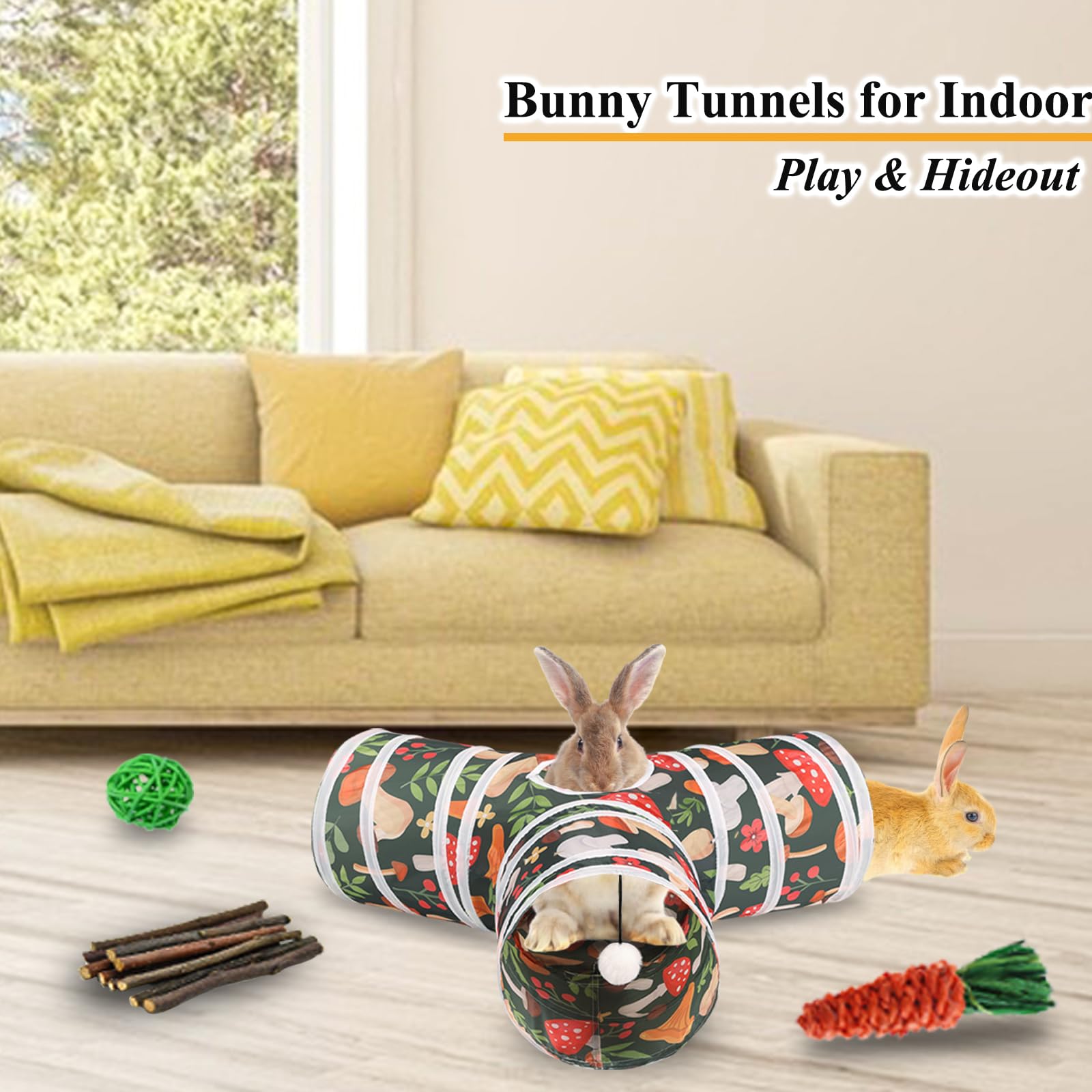 Hercocci Rabbit Toys, Bunny Tunnel & Tube, Collapsible 3 Way Rabbit Hideout Tunnel With Chew Toy For Bunny Guinea Pig Ferret Kit