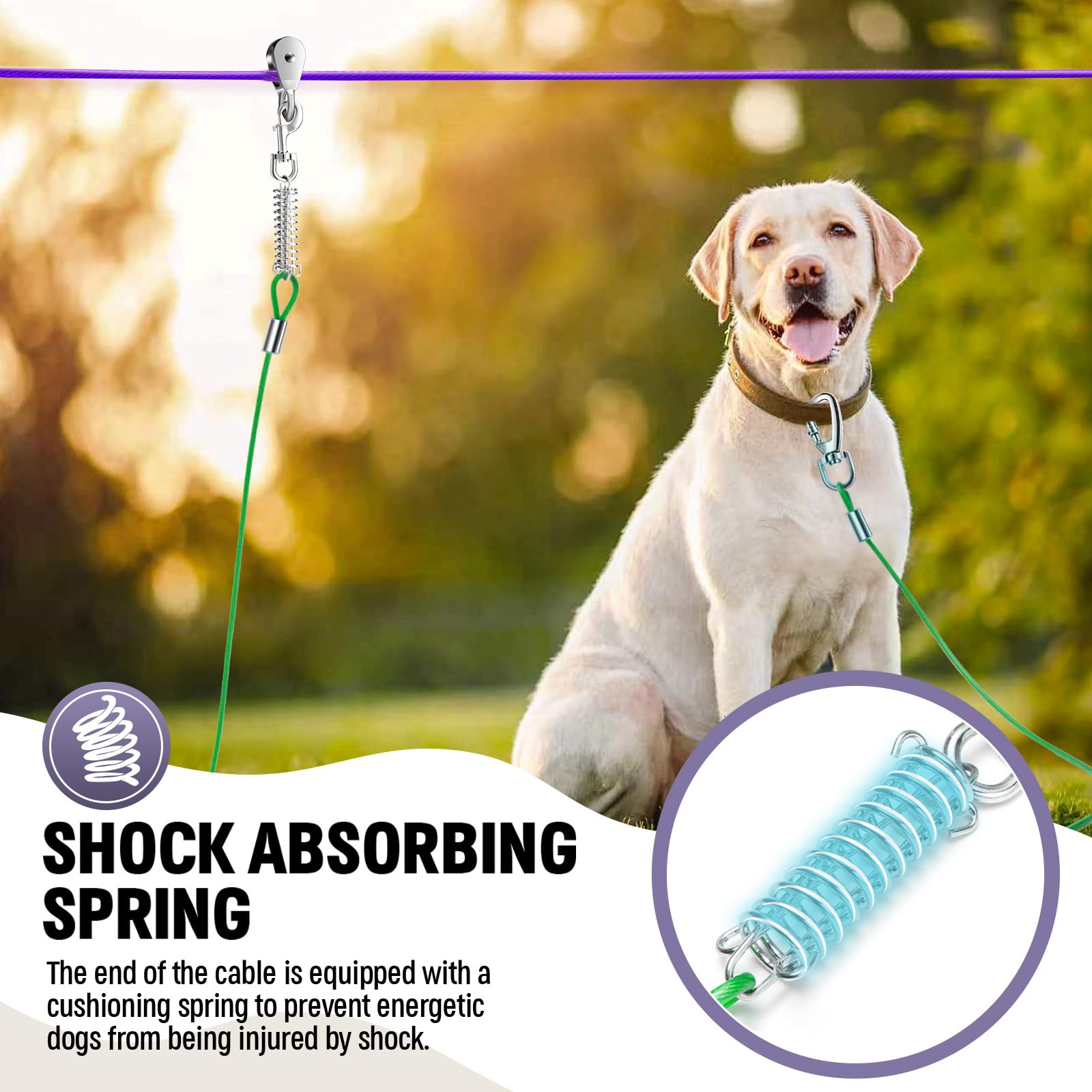 Upgraded Heavy Duty Dog Trolley System 200Ft With 10Ft & 15Ft Tie Out Cable, Outdoor Lead For Large Dogs Up To 250Lbs, Long Leas