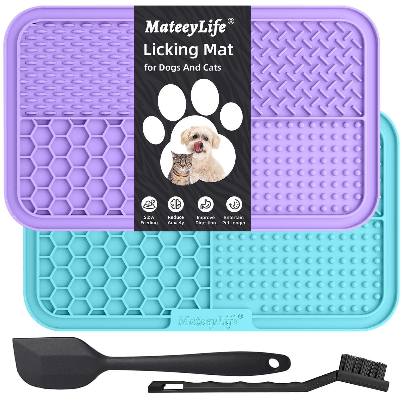 Mateeylife 2Pcs Large Lick Mat For Dogs And Cats With Suction Cups, Dog Lick Mat For Anxiety Relief, Dog Enrichment Toys For Boredom, Cat Peanut Butter Lick Pad, Dog Treat Mat For Bathing Grooming