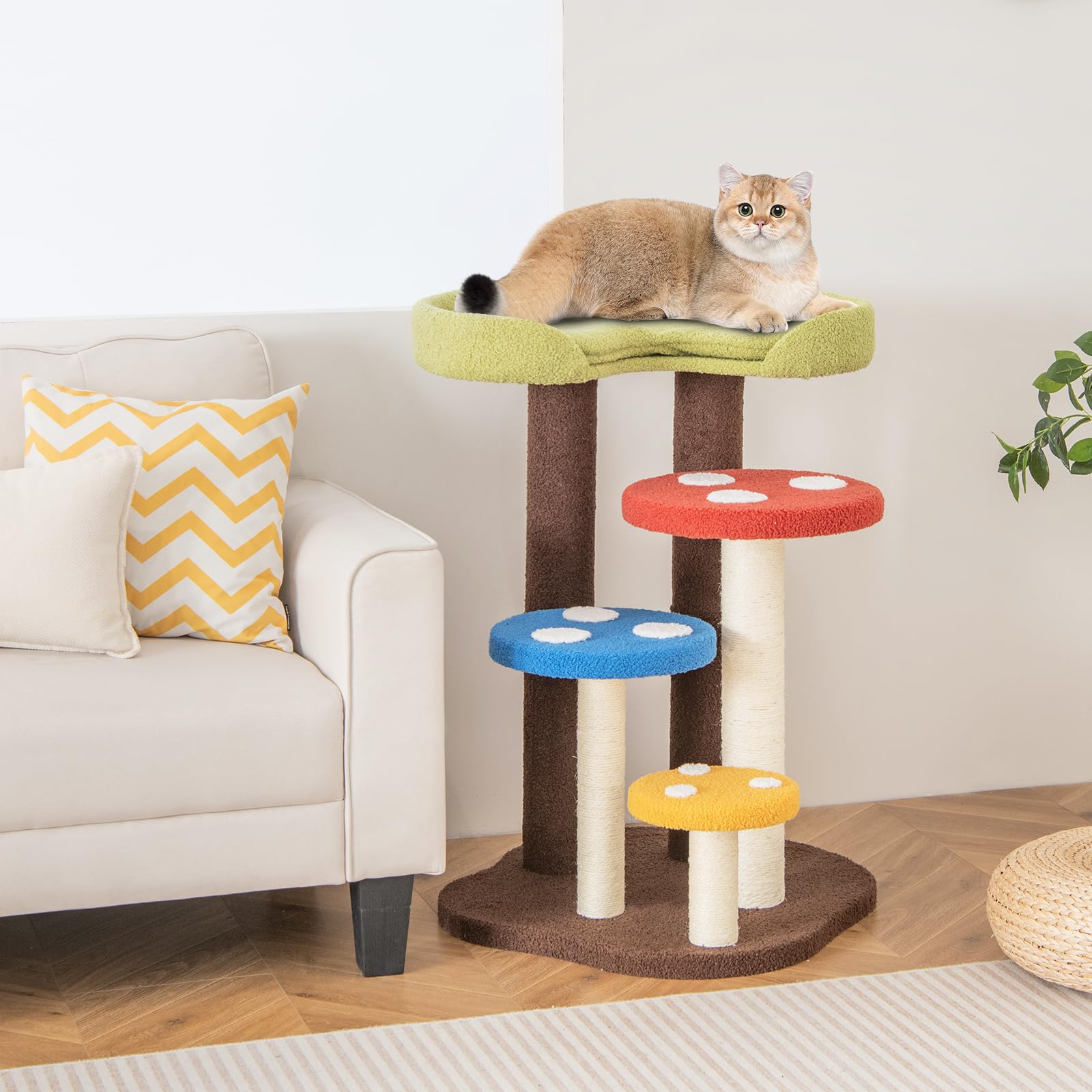 Tangkula Mushroom Cat Tree, Cute Cat Tower With Full-Wrapped Sisal Post, Unique Multi-Level Cat Activity Center, Cat Scratching