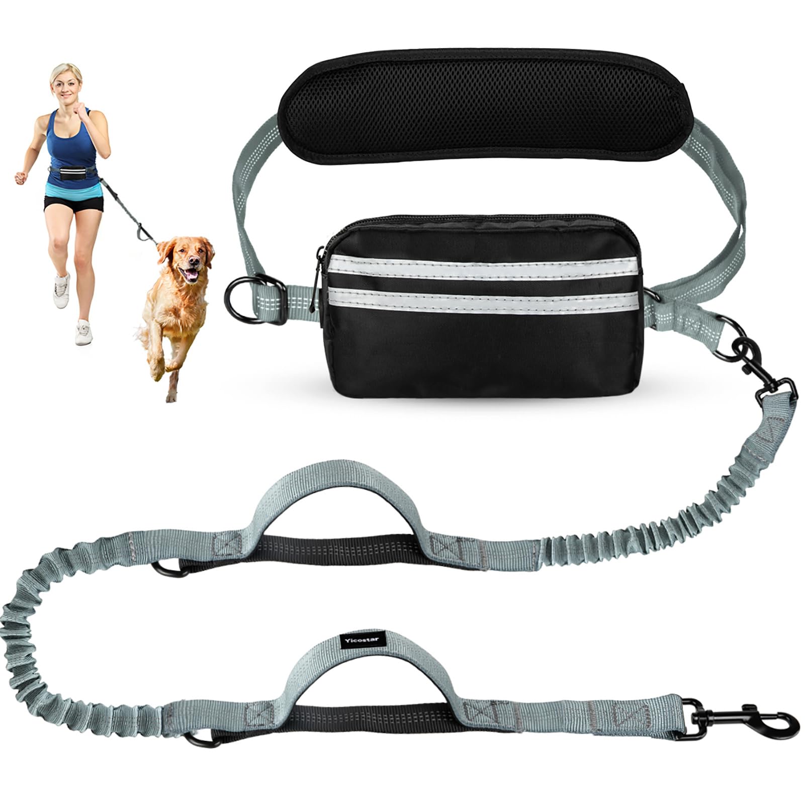 Yicostar Hands Free Dog Leash With Pouch, Adjustable Waist Belt With Double Padded Handles, Waist Leash For Dog Walking, Dog Lea