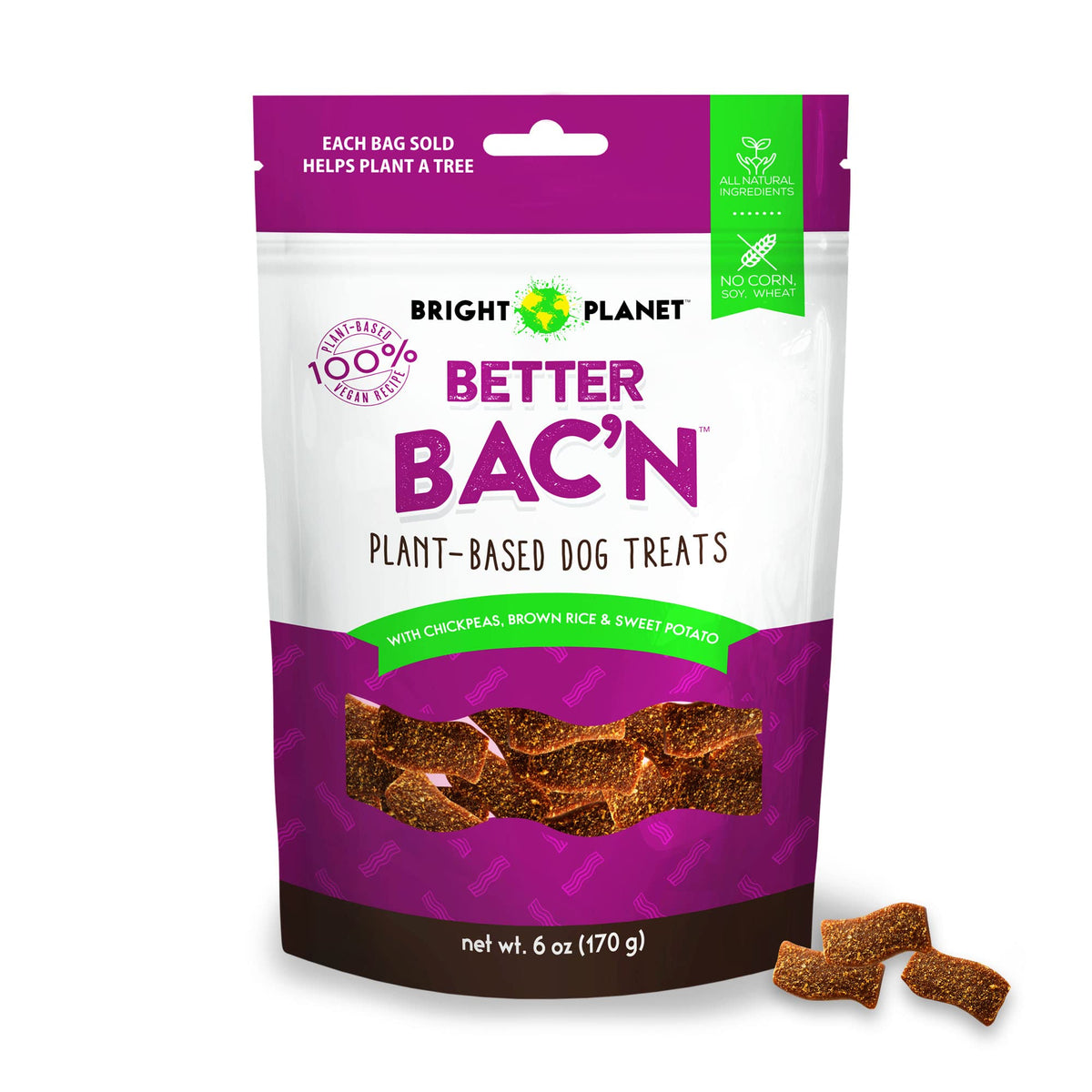 Bright Planet Pet | Better Bac'N Plant-Based Vegan Dog Treats - 6Oz | Sustainable Natural Clean Label Hypoallergenic Allergy-Friendly | Low-Calorie Soft Veggie Dog Treats | Made In Usa