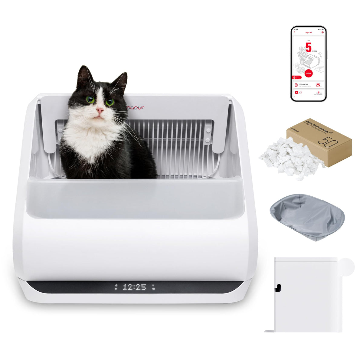 Popur X5 Cat Robot Kitty Litter Box Automatic Self Cleaning For Multiple Large Cats - Core Bundle Best Value Includes Smart Sift