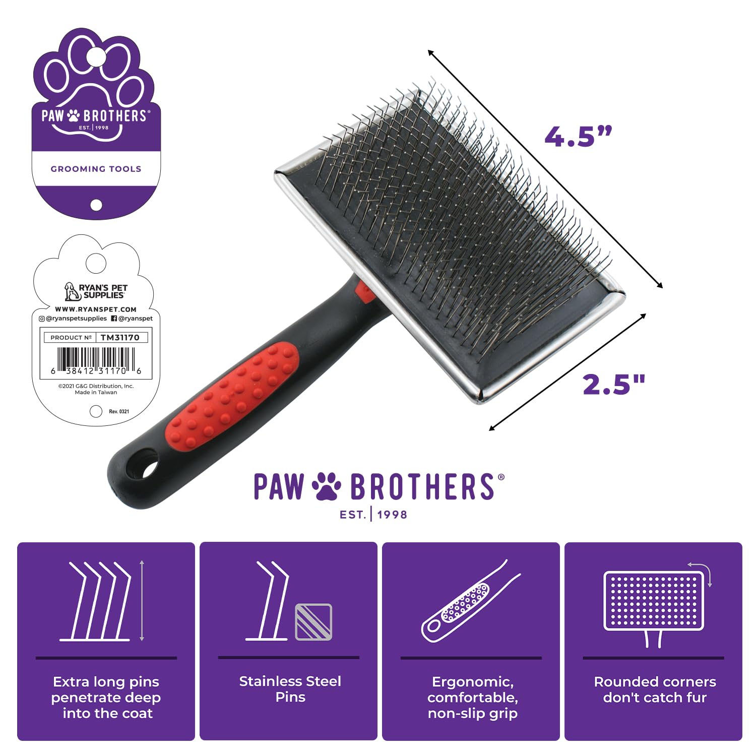 Paw Brothers Extra Long Pin Flat Slicker Brush For Dogs, Professional Grade, Removes Loose Fur And Tangles, Tuffer Than Tangles, Removes Undercoat, Dog Grooming Brush, Ergonomic Handle, Large