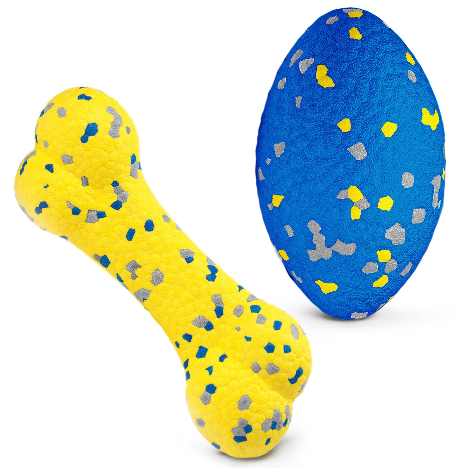 Moonorange 2Pcs Upgrade Bone Dog Balls+Rugby Dogs Toys For Aggressive Chewers, Indestructible Tennis Balls For Dogs (Blue+Yellow