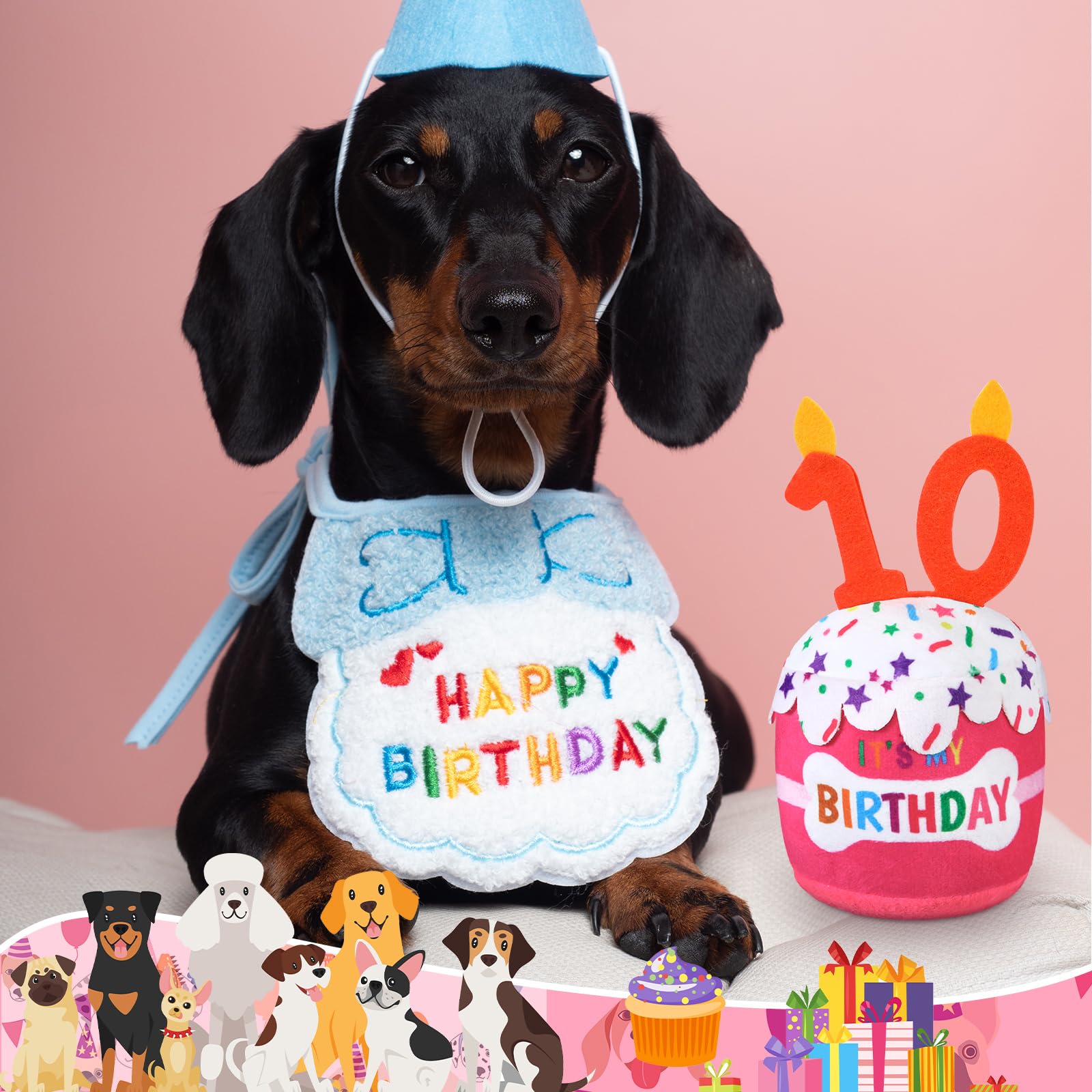 Dansydaisy Dog 10Th Birthday Cake Toy Accessories For Girl Boy Gifts, Pink Squeaky Plush Toy For Dog Birthday Party Decor Favor