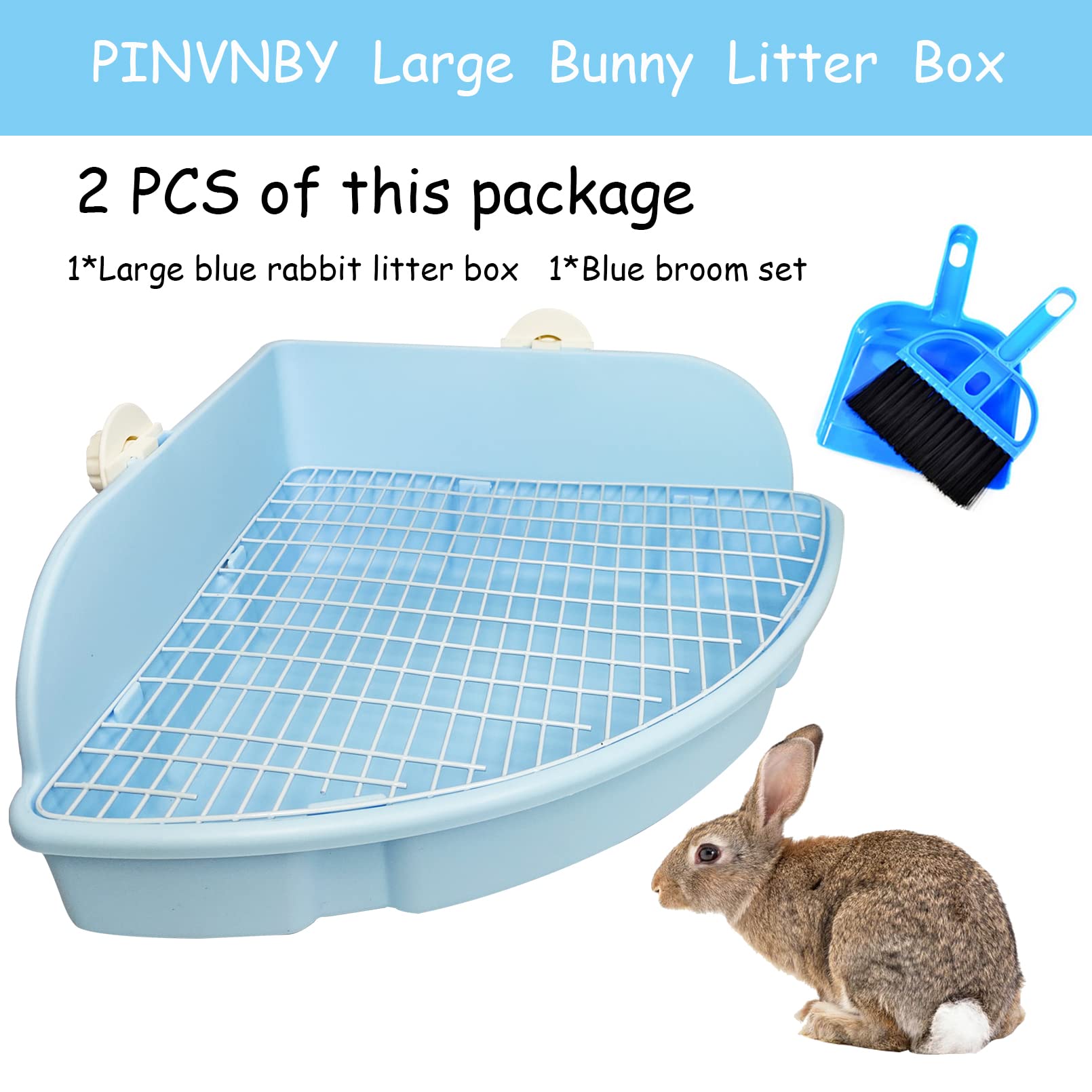 Pinvnby Extra Large Corner Litter Box For Rabbits, Guinea Pigs, Ferrets | 18.3' Fan-Shaped Potty Trainer With Anti-Spill Guard, Durable Plastic & Cage Clips | Easy-Clean Small Animal Toilet Pan (Blue)