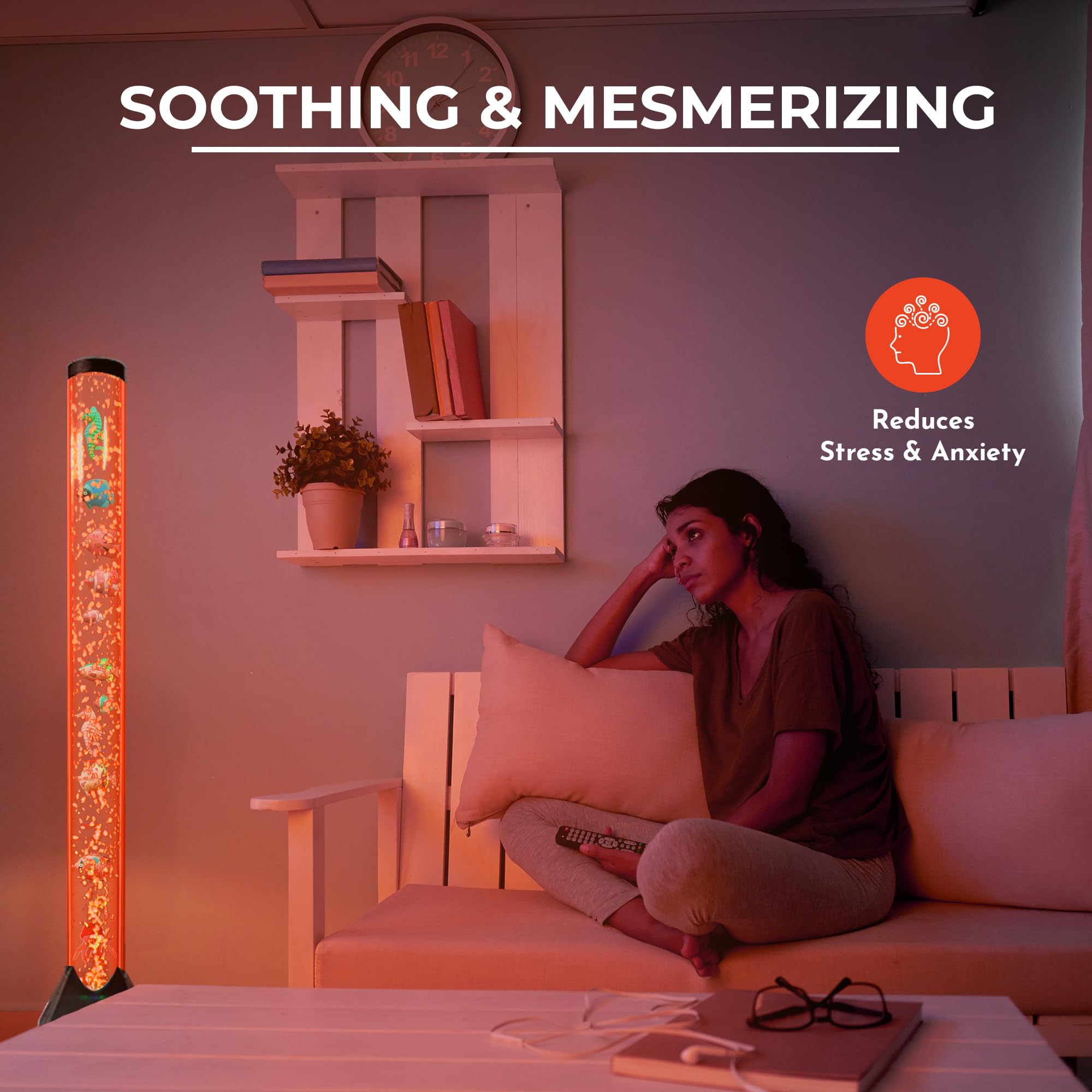 Brewish 4Ft Sensory Led Water Bubble Tube Lamp With 20 Color Changing Night Light Effects Fake Aquarium Tank & Gift For Kids  Autism  Remote Control & 12 Fishes (Wall Bracket Included) -Like New