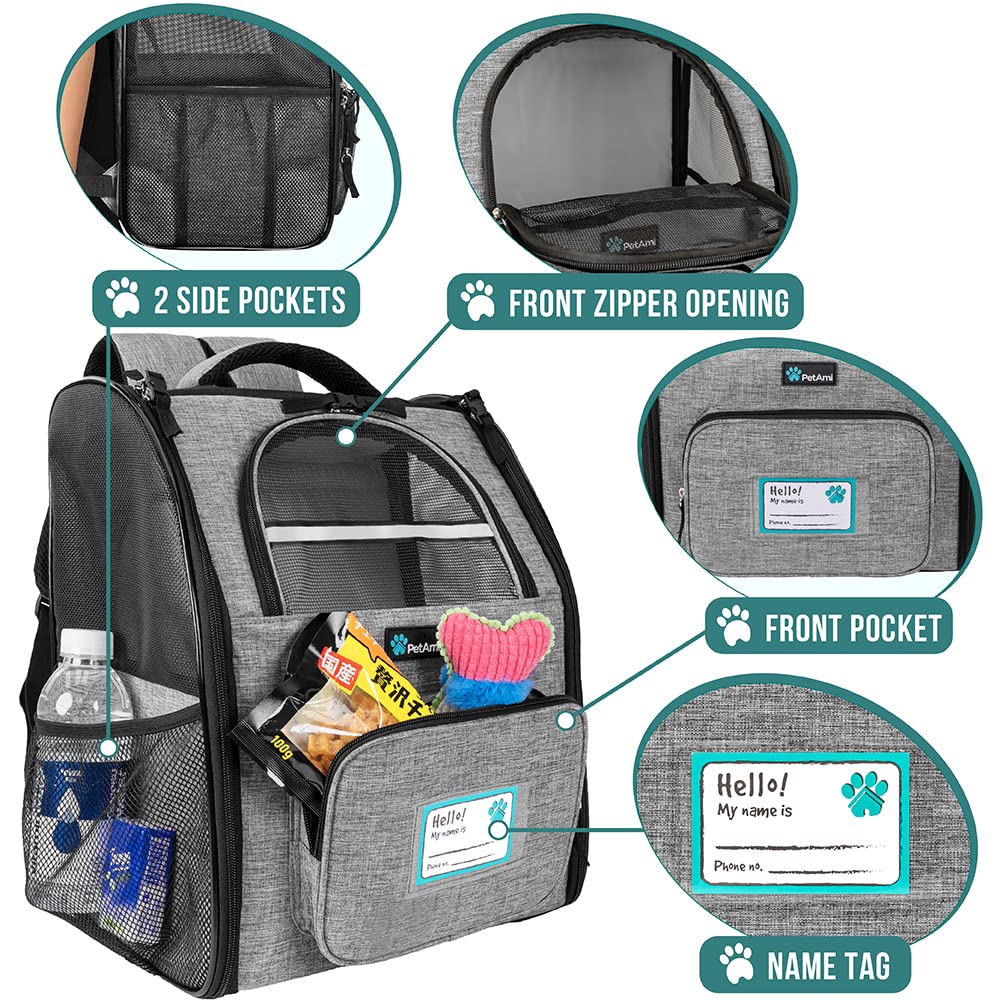 Petami Dog Backpack Carrier For Small Large Cat, Pet, Puppy, Ventilated Pet Hiking Backpack Travel Bag, Airline Approved Cat Backpack Carrier, Camping Biking Dog Bag Up To 18Lbs Pet, Grey