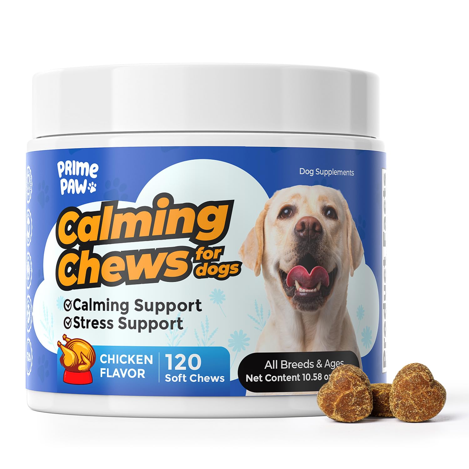 PrimePaw Calming Chews for Dogs L-Theanine L-Tryptophan Phosphatidylserine Valerian Chamomile Passion Flower Non-Sedating Relaxa