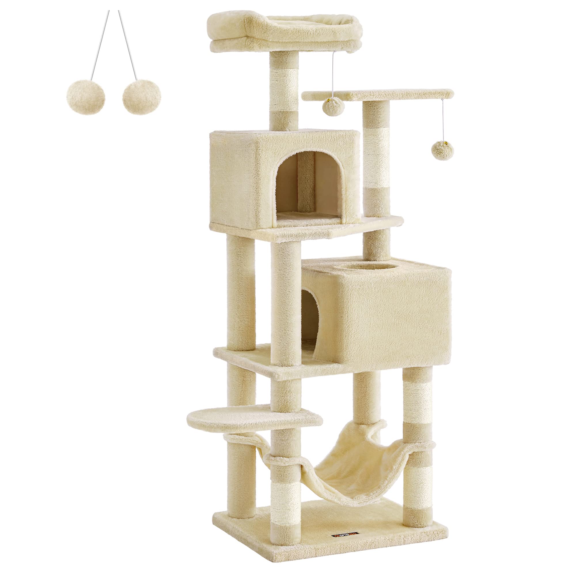 Feandrea Cat Tree, 61-Inch Cat Tower For Indoor Cats, Plush Multi-Level Cat Condo With 5 Scratching Posts, 2 Perches, 2 Caves, Hammock, 2 Pompoms, Beige Upct192M01