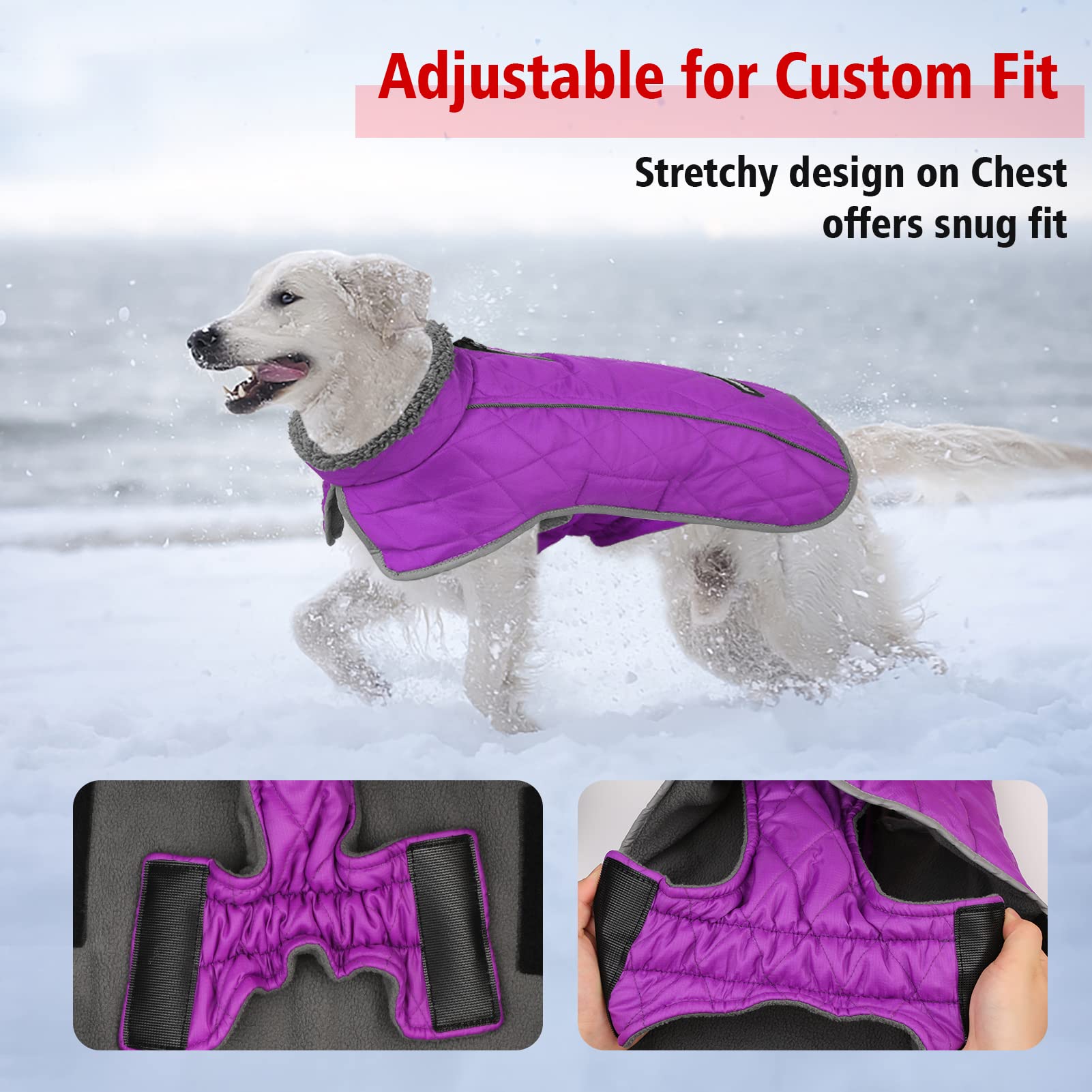 Fragralley Waterproof Dog Coat Small, Fleece Lined, Adjustable Reflective Winter Jacket, Purple S, Model TC2011