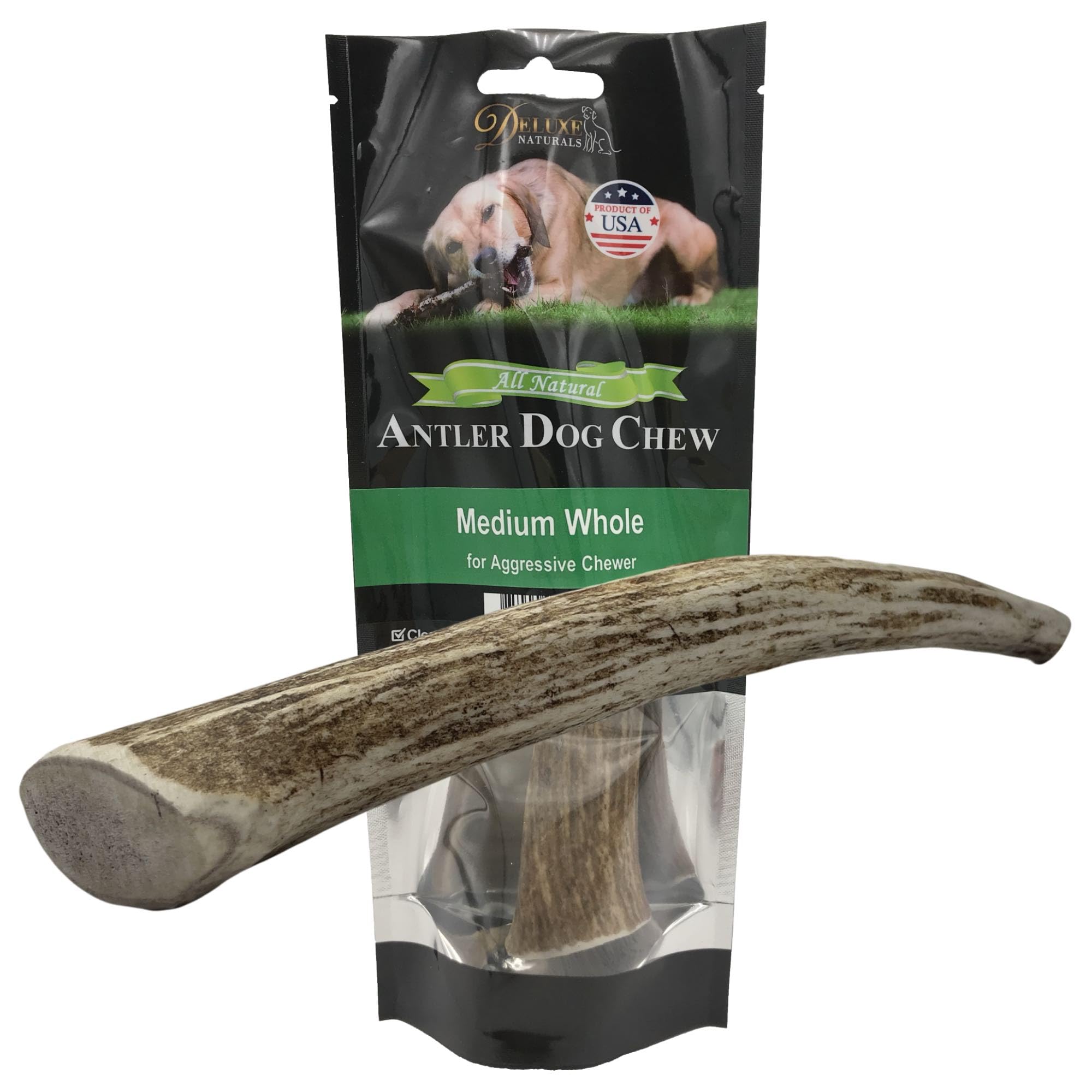 Deluxe Naturals 1-Pack Medium Whole Elk Antler Dog Chews (5.5 to 8+ in) - Long Lasting Natural Dog Bones for Moderate to Aggress