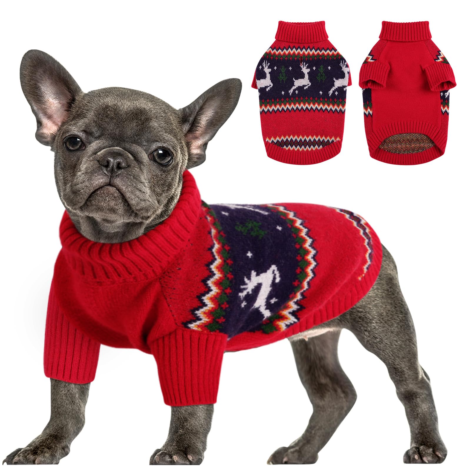 Queenmore Christmas Dog Sweater, Knitted Pullover Turtleneck Outfit, Warm Clothes For Small Dogs Boys Or Girls S