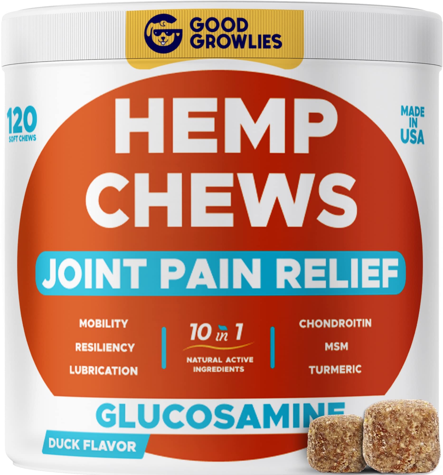 GOODGROWLIES Hemp Hip & Joint Supplement for Dogs - Made in USA - Glucosamine - MSM - Turmeric - Hemp Seed Oil Infused Treats - 