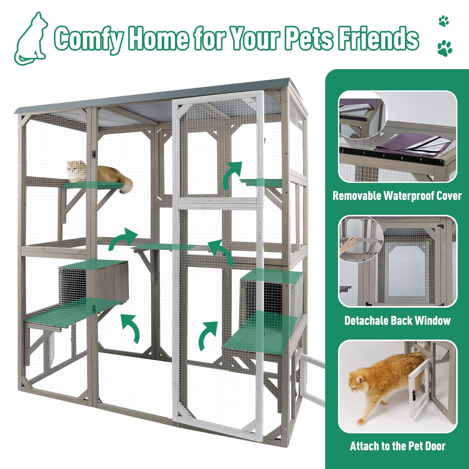 Petscosset Outdoor Cat Catio Enclosures Large Wooden Cat House Patio For Indoor Cats Feral Cat Shelter With 2 Espace Doors, 2 Re