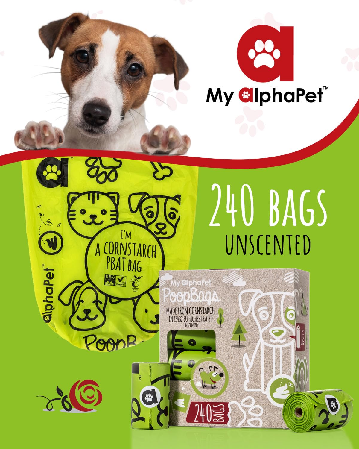 My Alphapet Compostable Dog Poop Bags, Cornstarch Eco-Friendly, Home Compost Nf T 51-800, 240 Count, Large Size Bag 9X13 Inches,