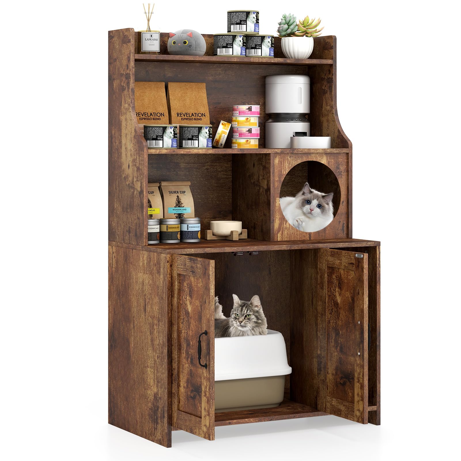 PETSITE Industrial Cat Litter Box Enclosure with Storage Shelves, 2-in-1 Wooden Hidden Litter Box Furniture with 3-Tier Open She