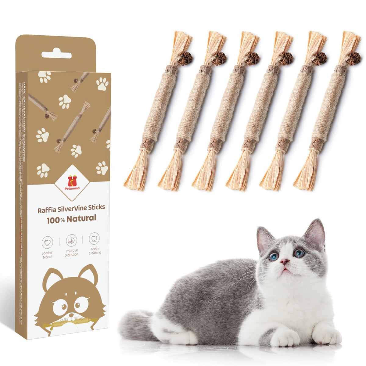 Potaroma 6 Pcs Natural Silvervine Sticks Cat Toys, Catmint Silvervine Blend Sticks, Kittens Chew Toys For Teeth Cleaning, Matata