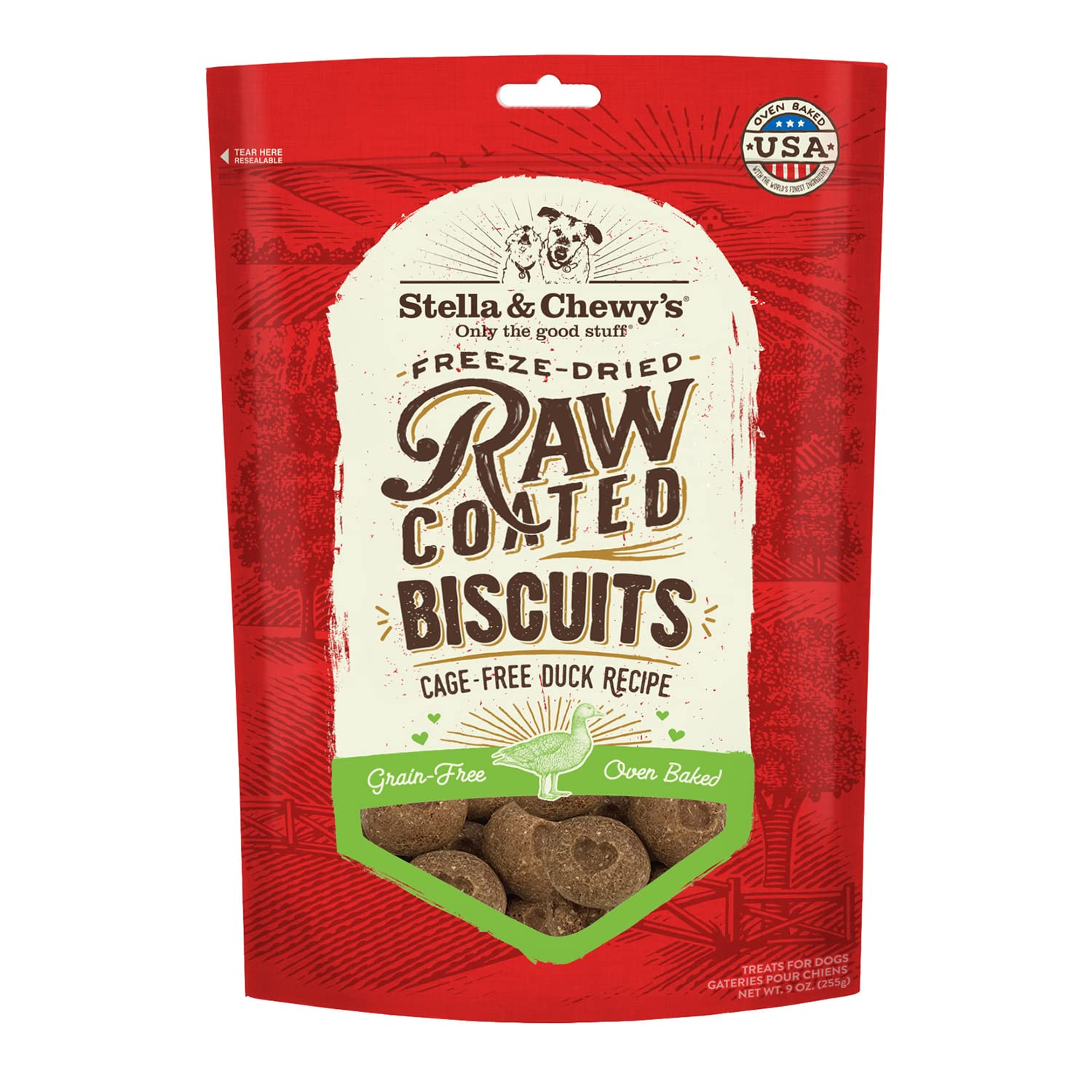 Stella & Chewys Freeze-Dried Raw Coated Dog Biscuits - Cage-Free Duck Recipe - Protein Rich, Grain Free Dog & Puppy Treat - Gre