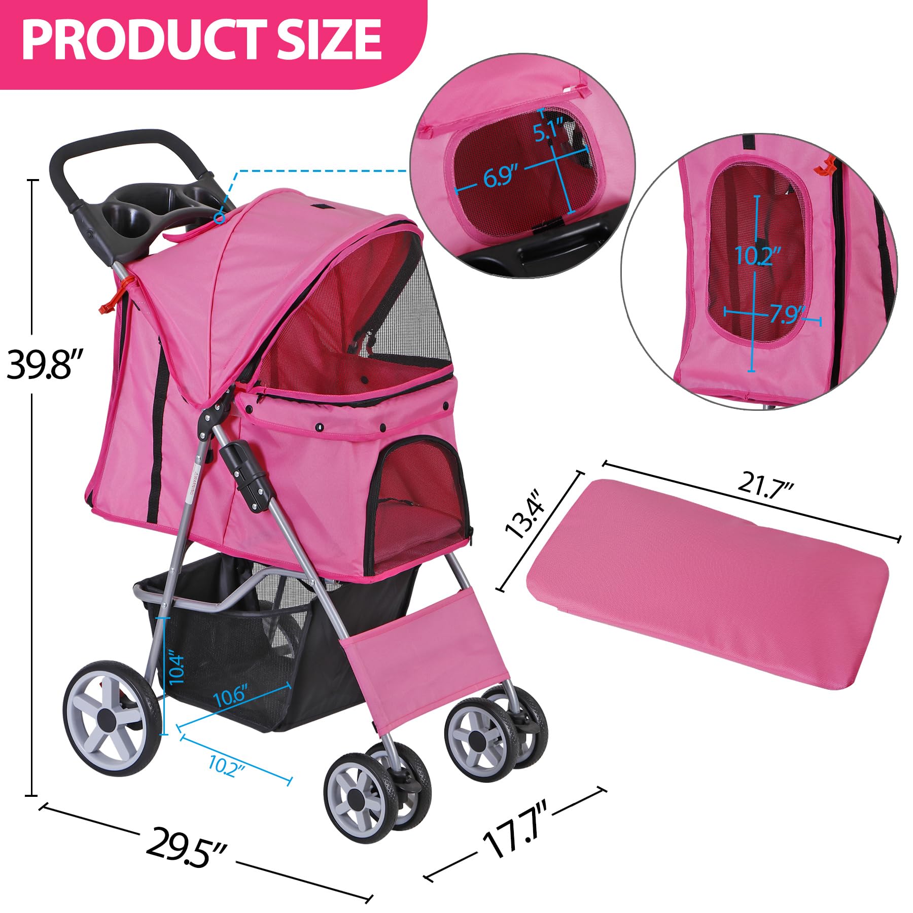 Lemy Pet Stroller, 4 Wheels Dog Cat Stroller With Storage Basket&Cup Holder, Folding Dog Cat Cage Jogger Stroller For Small Medi