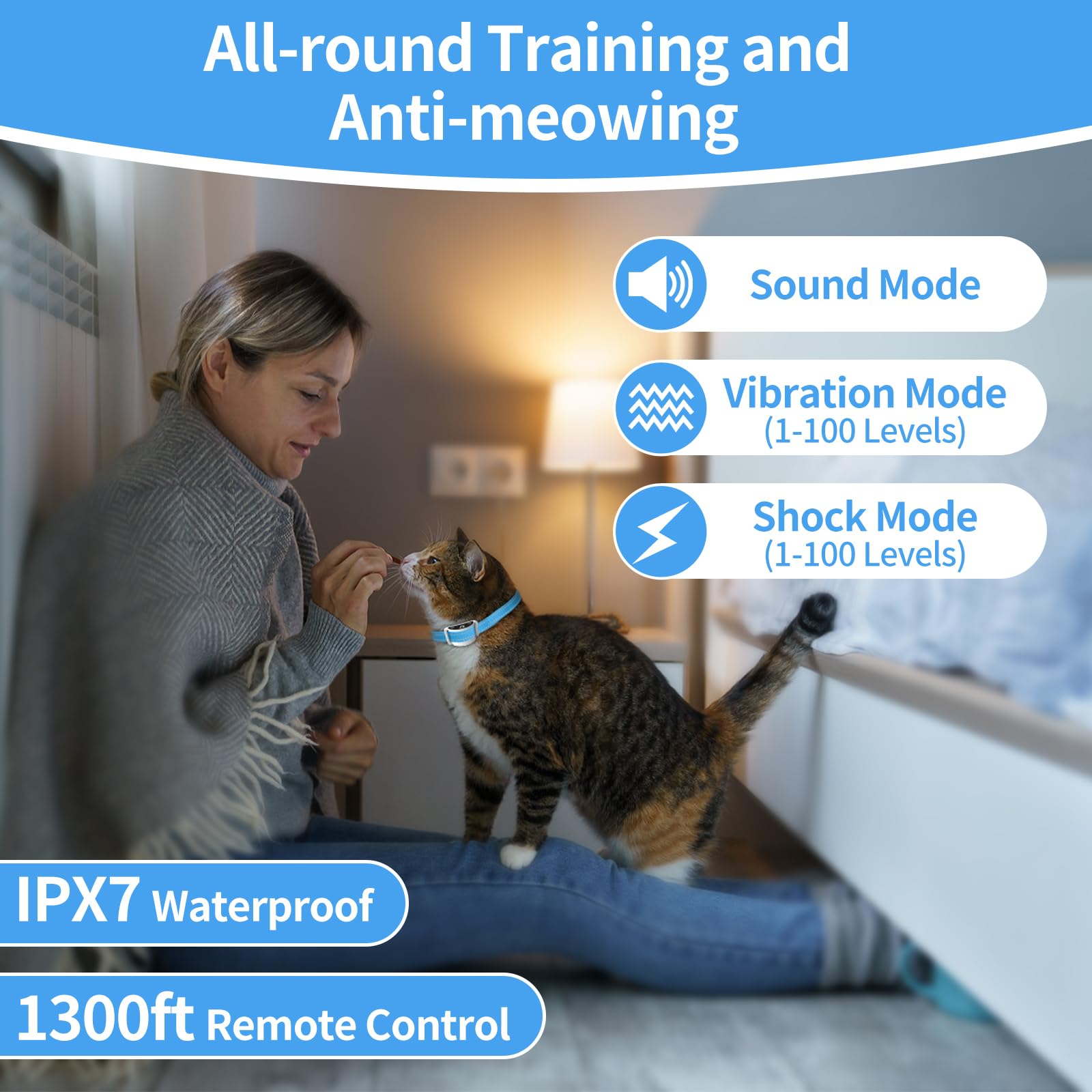 Paipaitek Cat Shock Collar With Remote, Cat Training Collar With Auto Anti-Meow, Beep, Vibration, Safety Shock 4 Modes For Bad B