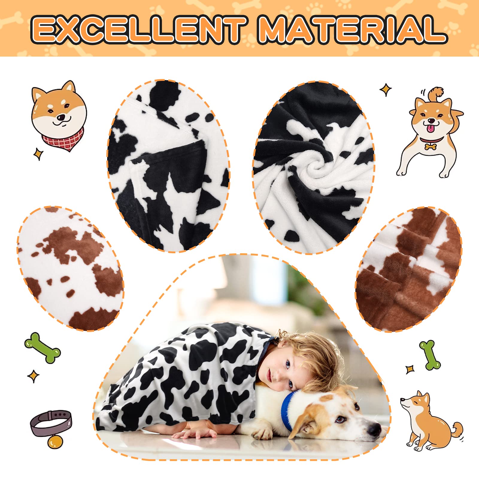 Rezutan Dog Blankets For Largel Dogs,3 Pack Dog Cat Soft Fuzzy Blankets Washable,Comfort Flannel Cow Print,Fuzzy Soft Pet Mat Blankets,Pet Blanket,Reversible Print,42X32 Inch Brown White Cow Print.