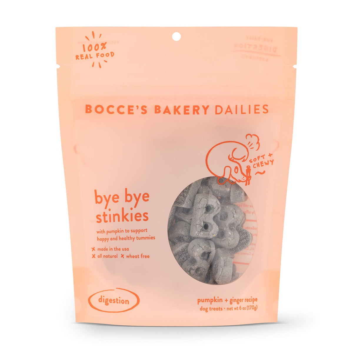 Bocce'S Bakery Dailies Bye Bye Stinkies Dog Treats For Digestive Support, Wheat-Free Dog Treats, Made With Real Ingredients, Baked In The Usa, All-Natural Soft & Chewy, Pumpkin & Ginger Recipe, 6 Oz