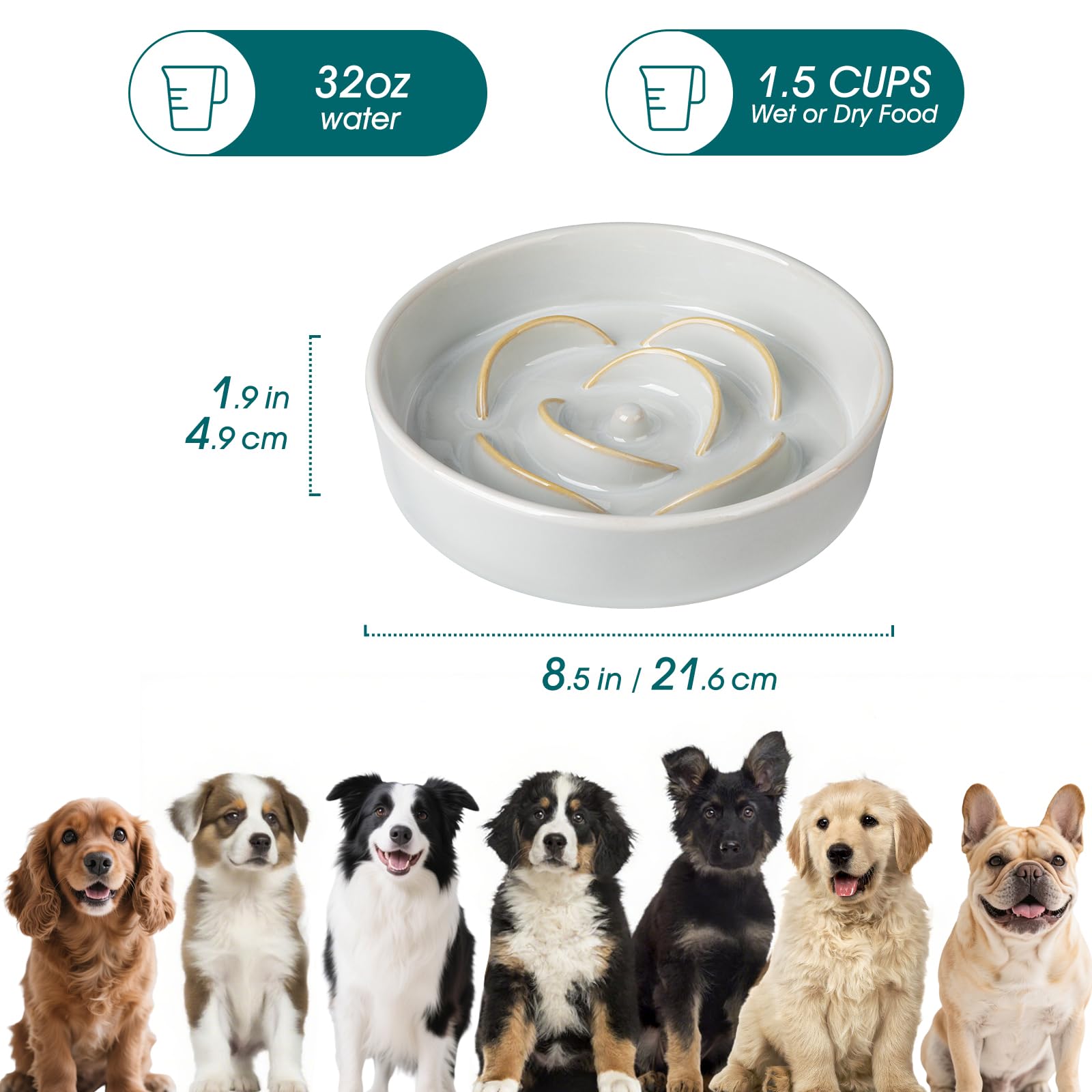 vancasso Slow Feeder Dog Bowl, 1.5 Cups Ceramic Slow Feeder for Medium Breed, Puzzle Maze Dog Food Bowl for Fast Eater, Light Gr