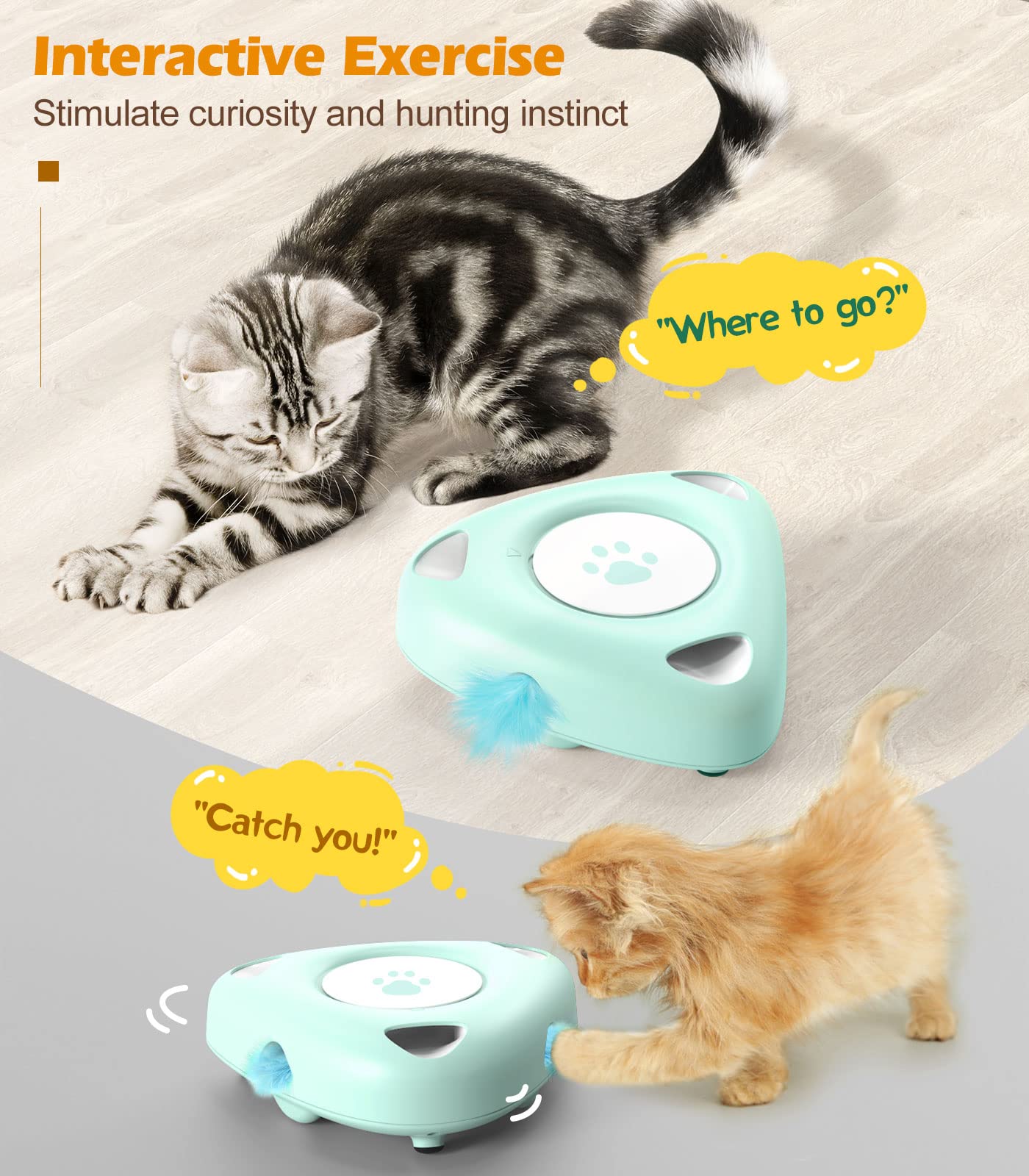 Pawaboo Interactive Cat Toys, Automatic Cat Exercise Teaser Toy With 3 Replacement Rotating Feathers, Automatic Electronic Rotating Teaser Kitten Toy For Indoor Cats, Kitty, Pet - Lake Blue