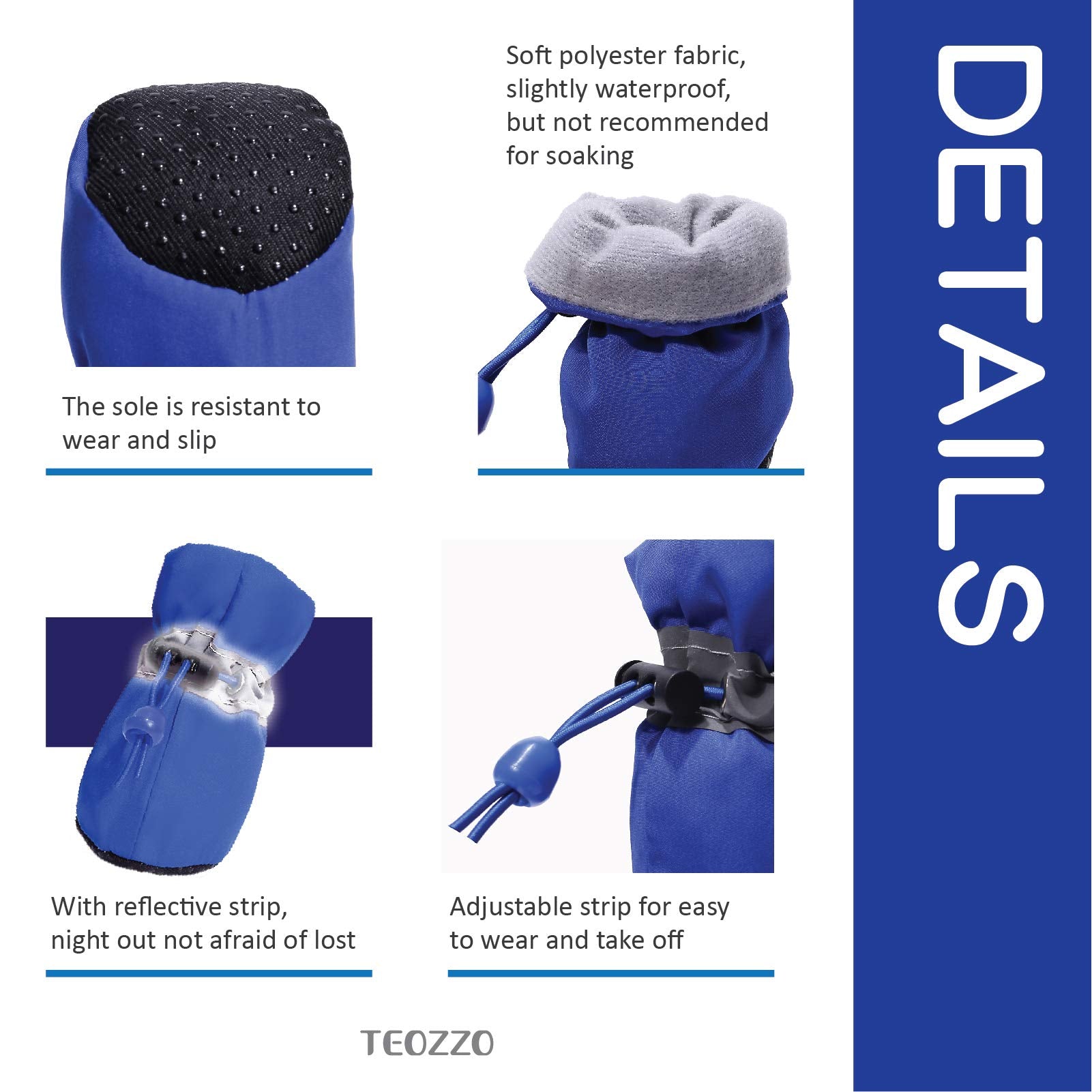 Teozzo Dog Boots & Paw Protector, Anti-Slip Sole Winter Snow Dog Booties With Reflective Straps Dog Shoes For Small Medium Dogs 4Pcs Blue 7