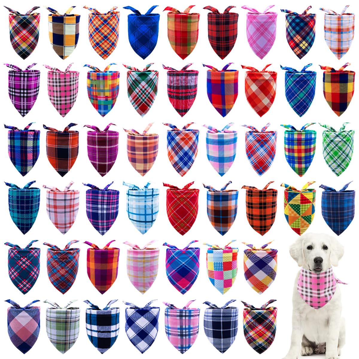 JpGdn 50PCS Large Dog Bandanas Plaid Large Breed XL Bulk for Extra Large Dog Big Bandanas Pack Kerchief Washable Triangle Bibs H