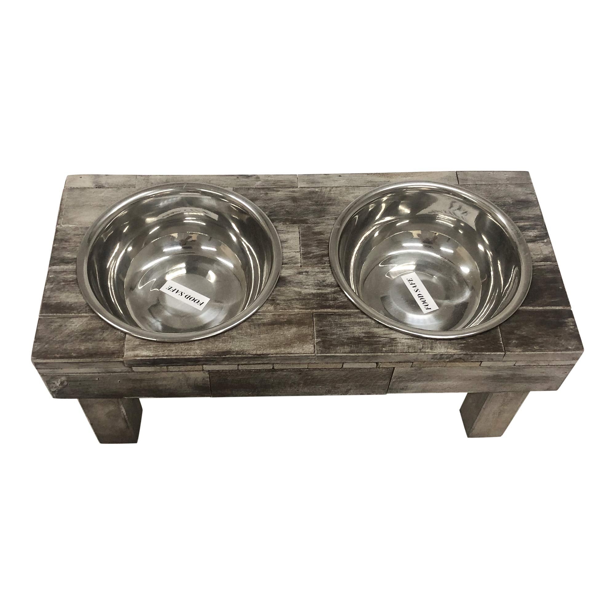 Huntley Equestrian Pet Berjen Table Elevated Double Bowl Pet Feeder, Brown Wash (Small), 2191