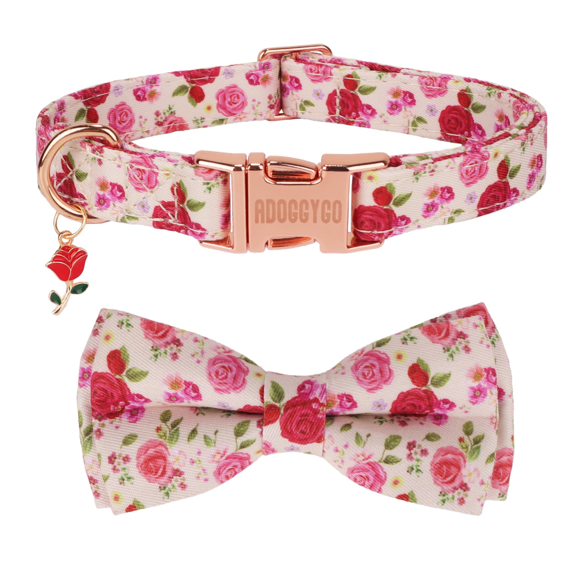 Adoggygo Floral Dog Collar With Bow, Red Pink Rose Flower Dog Bow Collar With Metal Buckle, Adjustable Pet Floral Collars For Ex