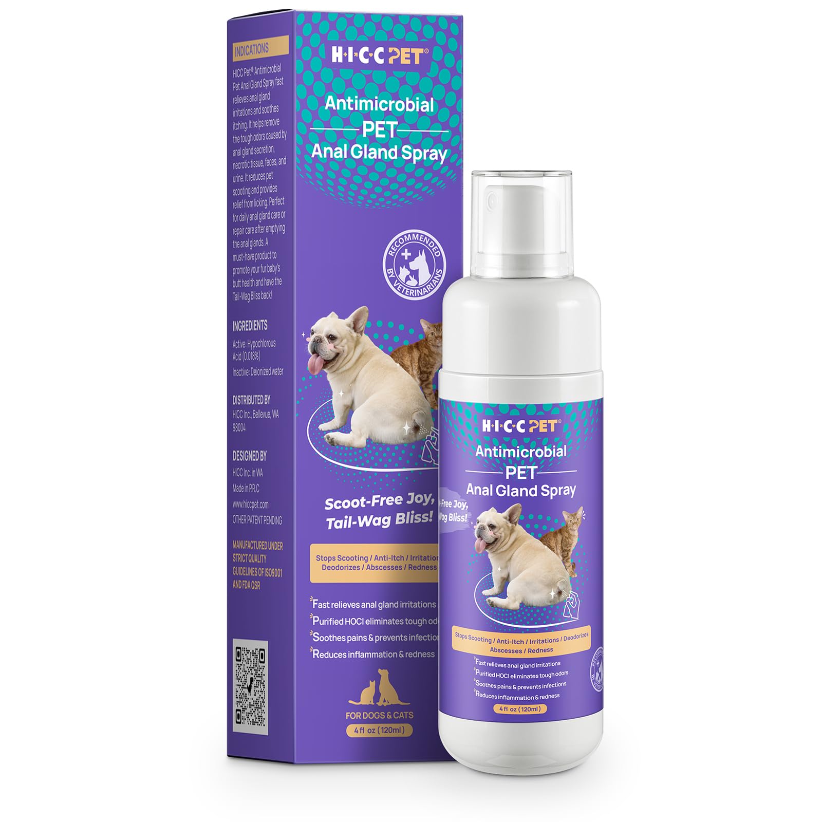 HICC PET Anal Gland Spray Support for Dogs & Cats - Fast Anti Itch Skin Relief for Soothing Inflamed Elimination Odor, Hot Spot 