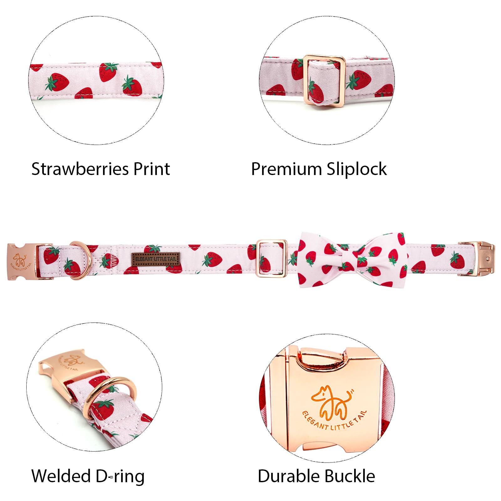 Elegant little tail Dog Collar, Strawberries Print Pet Collar Summer Dog Collar Durable Metal Buckle Dog Collars Cotton Pet Adju