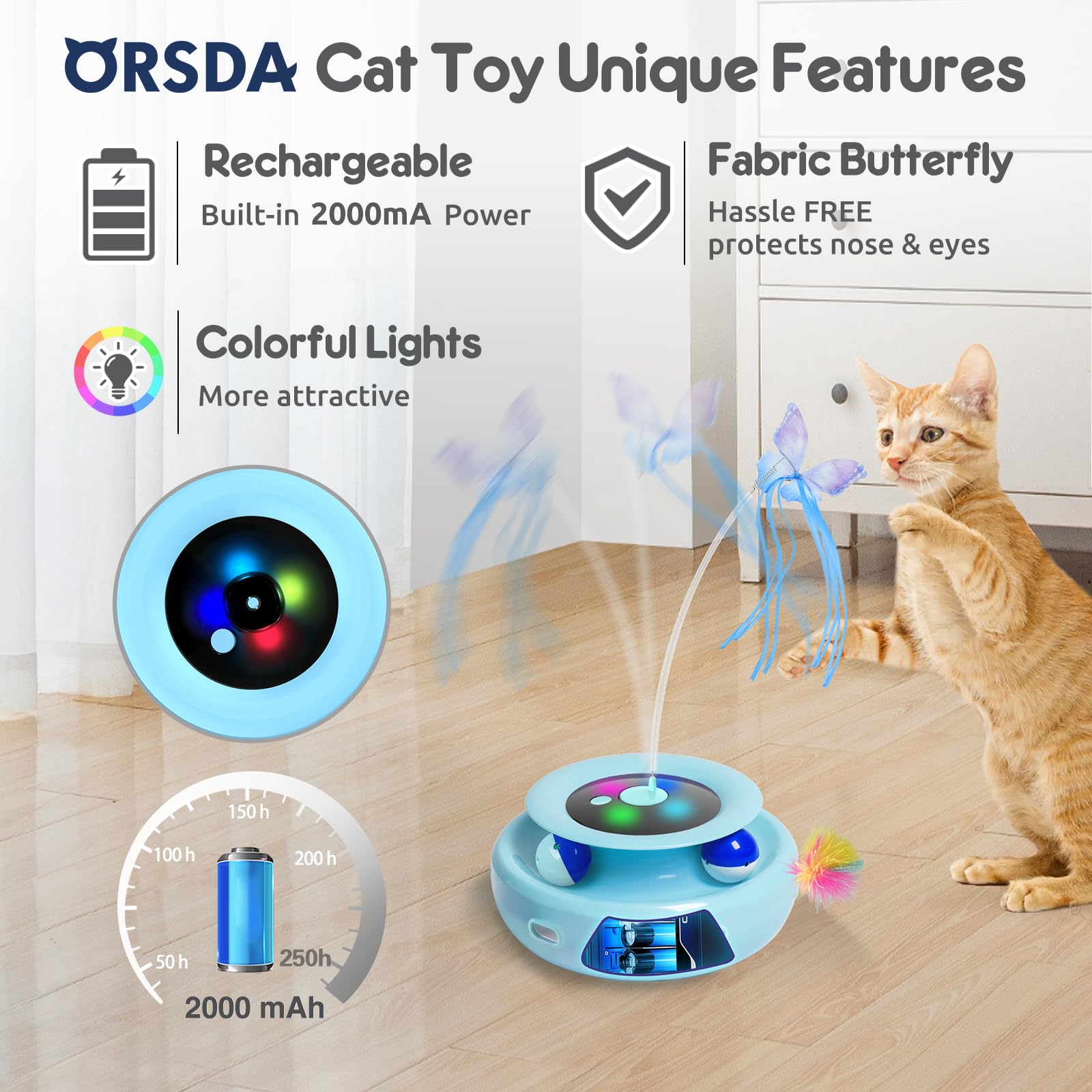 Orsda 3-In-1 Cat Toys Rechargeable, Interactive Cat Toys For Indoor Cats Automatic Kitten Toy, Moving Ambush Feather, Fluttering